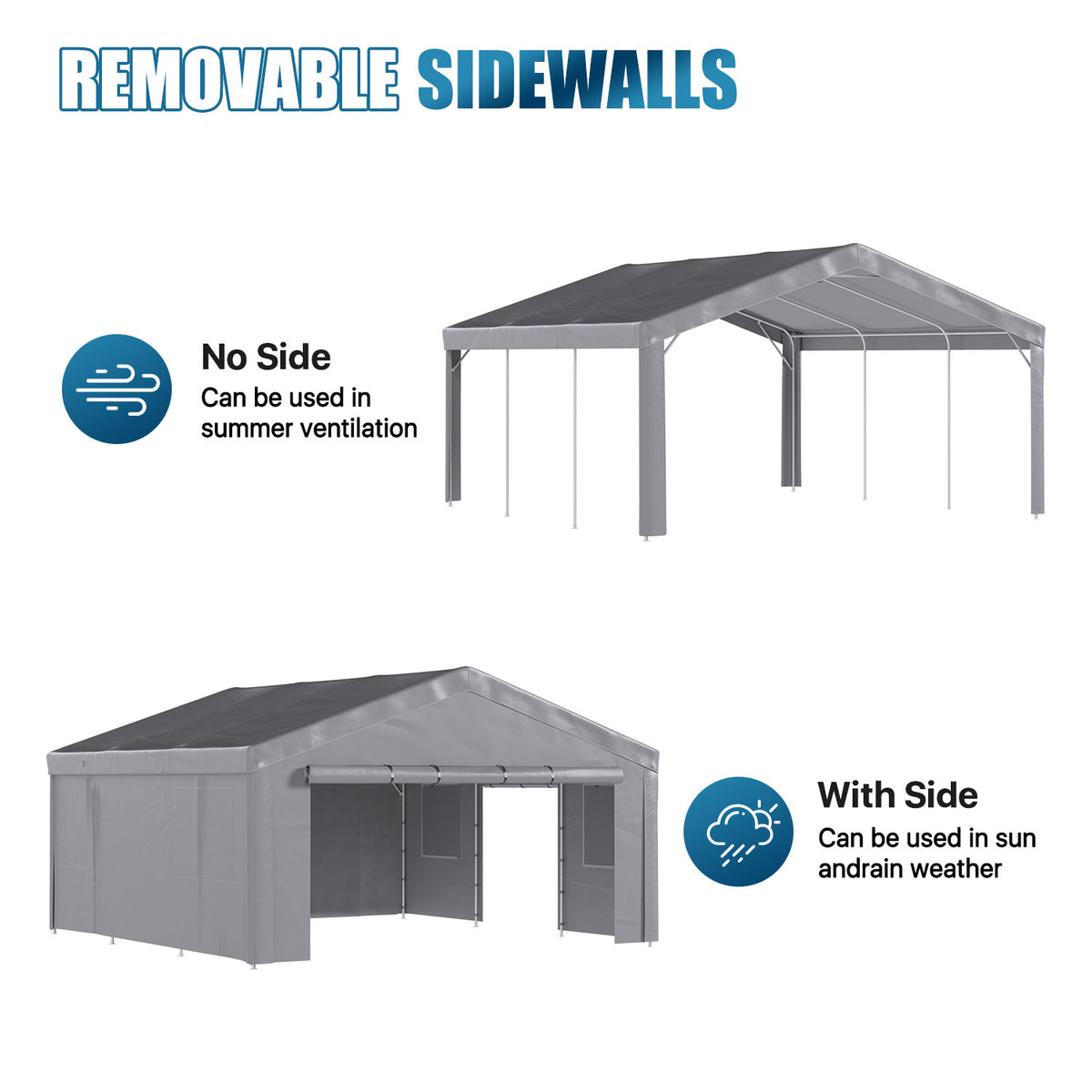 Dateyes 20x20ft Heavy Duty Carport Canopy, Portable Outdoor Garage with Removable Sidewalls & Roll-Up Doors, All-Weather Car Shelter for Cars, Boats, Trucks and Tools Storage, Gray