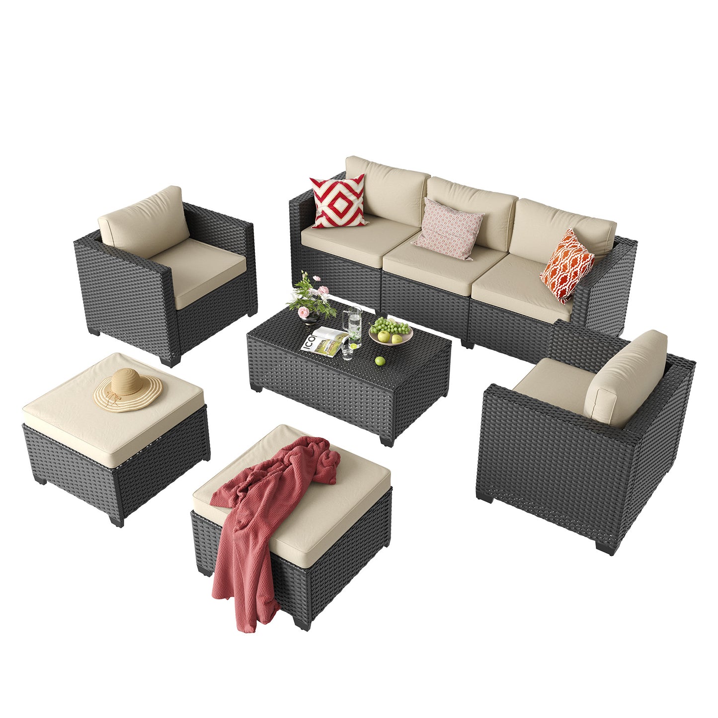 Sunmthink 8 Piece Outdoor Patio Wicker Furniture Set, Rattan Sectional Sofa with Beige Cushions