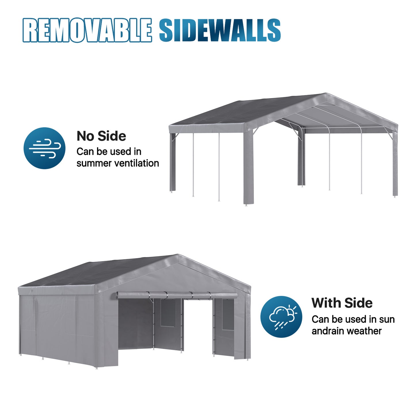 Sunmthink 20x20ft Heavy Duty Carport Canopy, Portable Outdoor Garage with Removable Sidewalls & Roll-Up Doors, All-Weather Car Shelter for Cars, Boats, Trucks and Tools Storage, Gray