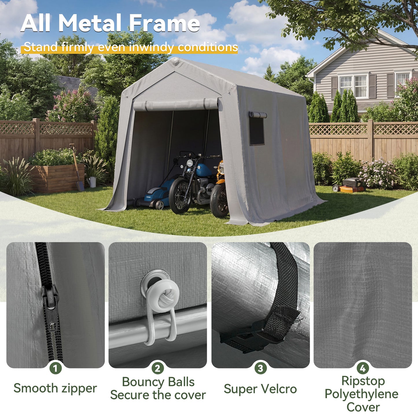 Aoxun 10x10 FT Outdoor Carport Shed, Portable Garage with Roll-Up Door & Window, Waterproof Tarp & Galvanized Steel Frame for Lawn Equipment, Bike, Motorcycle, Trunk Cover, Gray