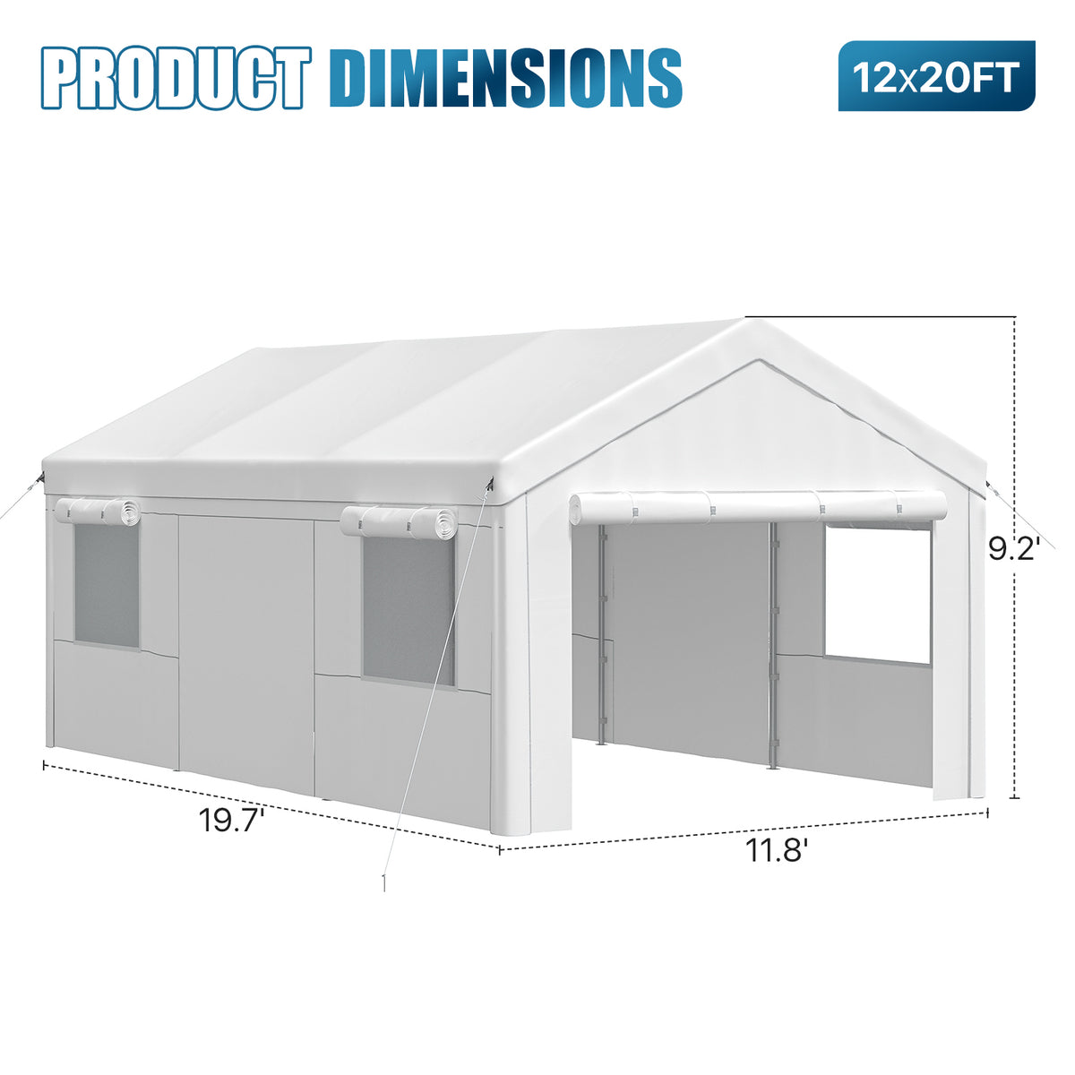 Dateyes 12x20ft Heavy Duty Carport Canopy, Portable Garage Car Canopy with Removable Sidewalls, Car Shelter for Cars, Boats, and Tools Storage, White