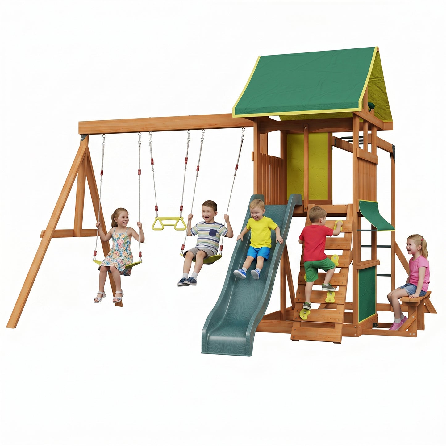 Clouddwell Wooden Swing Set for Backyard Playground Swingset with Slide Kid Outdoor Play Set with 8 FT Wave Slide, 2 Belt Swings Play Deck, Rock Wall Ladder, Belt Swings, Chalkboard