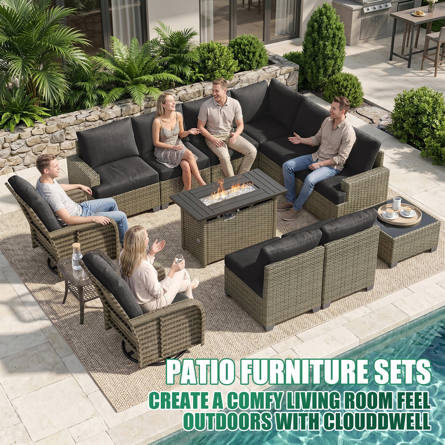Clouddwell 7 Pieces Outdoor Patio Furniture Set, Rattan Wicker Sectional Swivel Rocker Chairs Sets with Table, Blue/Brown