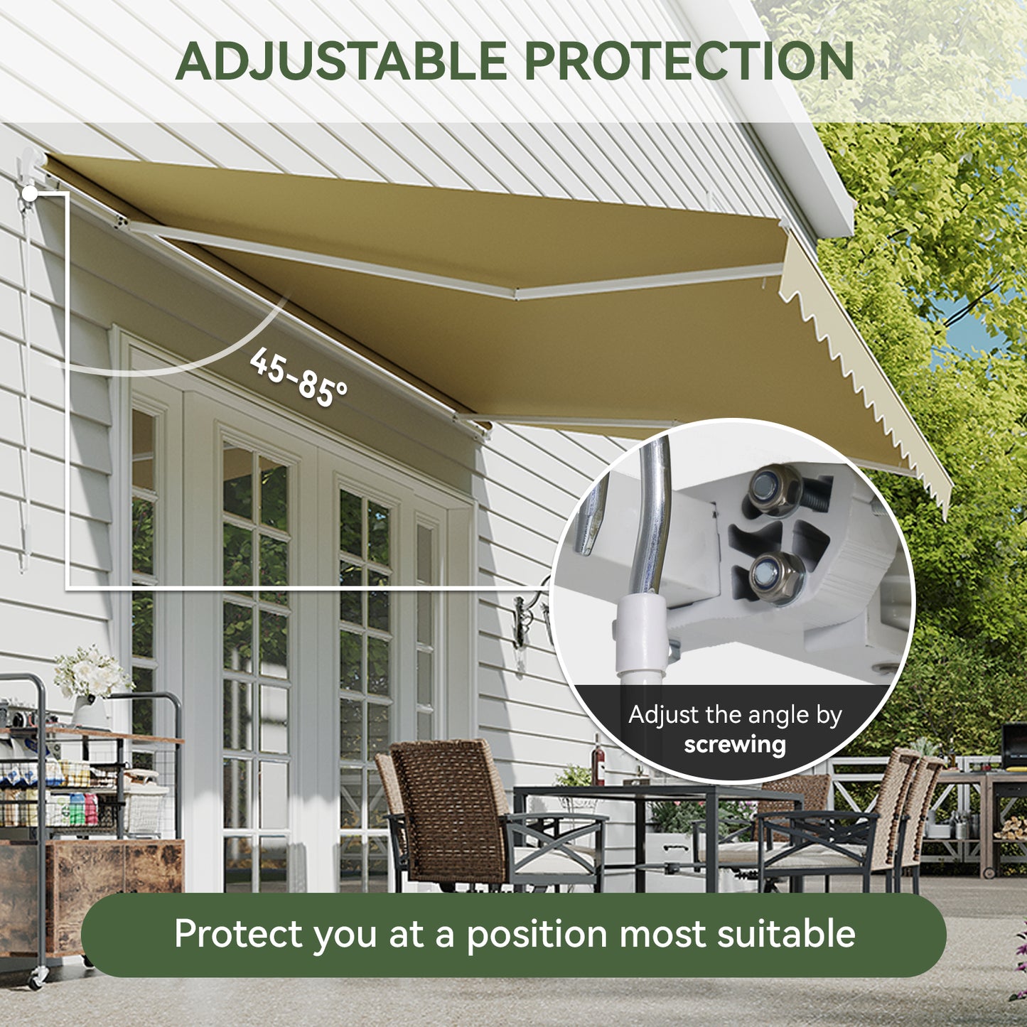 Aoxun Manual Retractable Awning 12x10 FT, Outdoor Patio Sun Shade Canopy with Crank Handle, Waterproof PA Coated Polyester Fabric for Backyard, Deck & Window, Beige