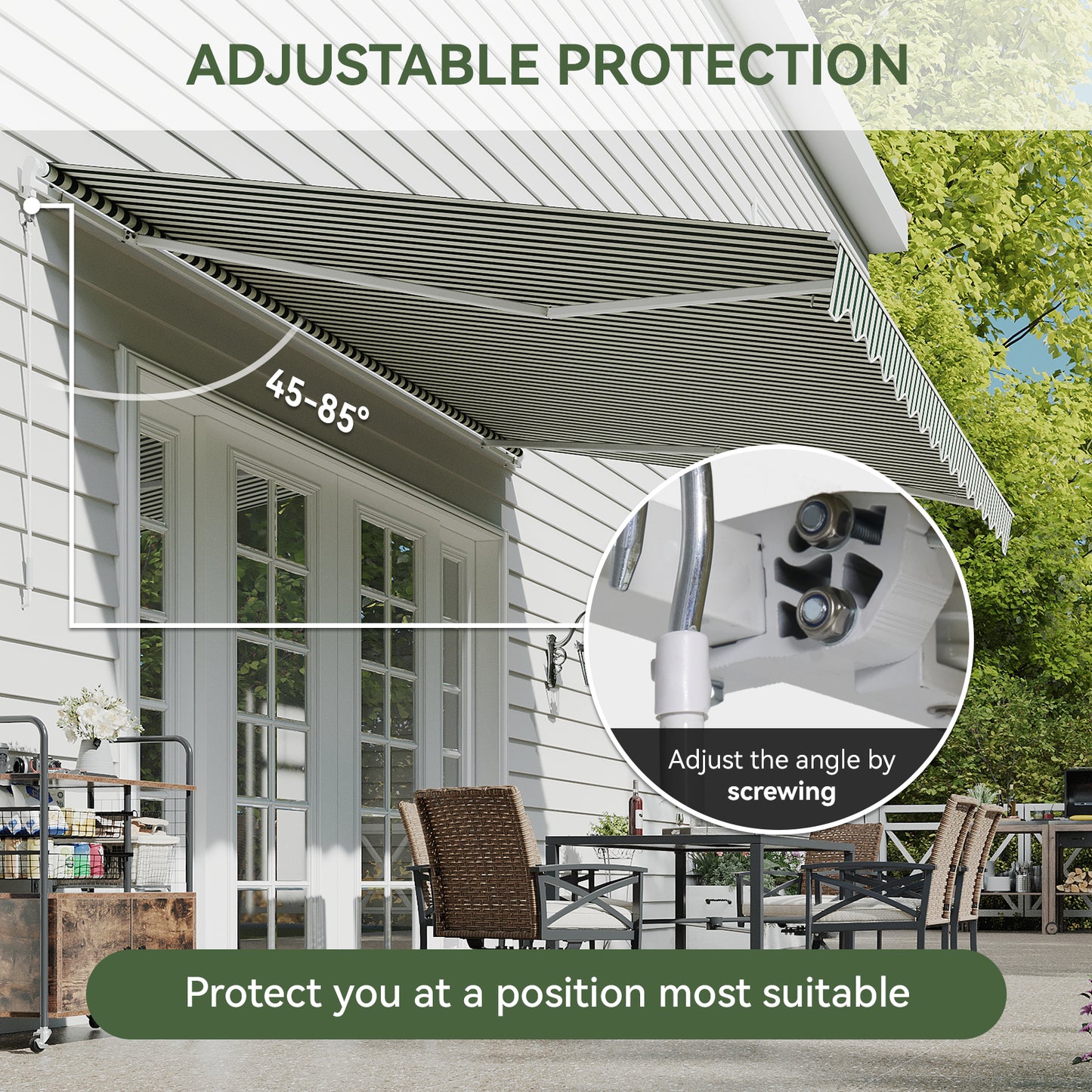 Aoxun Manual Retractable Awning 12x10 FT, Outdoor Patio Sun Shade Canopy with Crank Handle, Waterproof PA Coated Polyester Fabric for Backyard, Deck & Window, Green