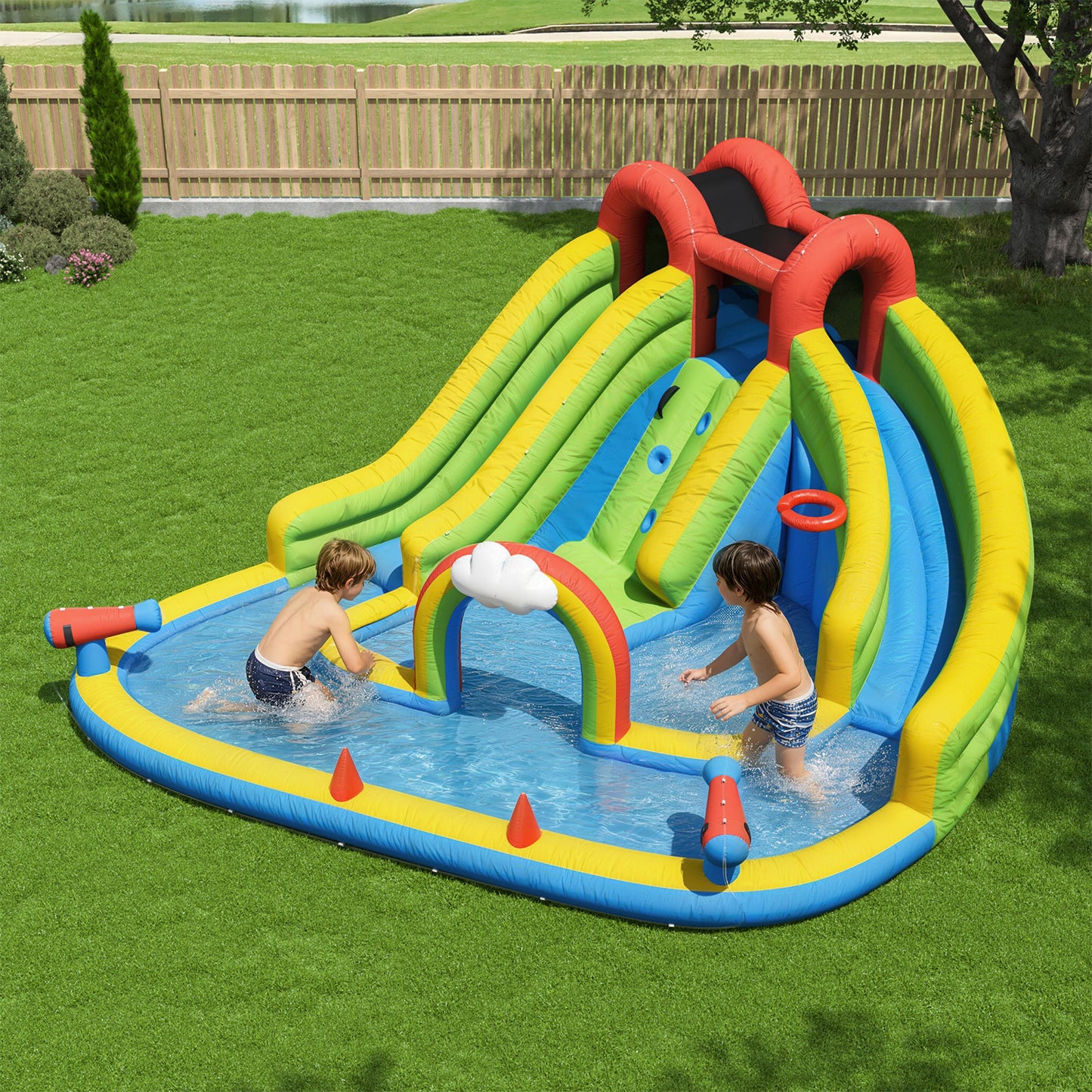 Clouddwell Inflatable Water Slide for Kids with 450W Blower, 6 in 1 Water Park Bounce House for Outdoor Summer Fun, Double Slide, 13x15FT