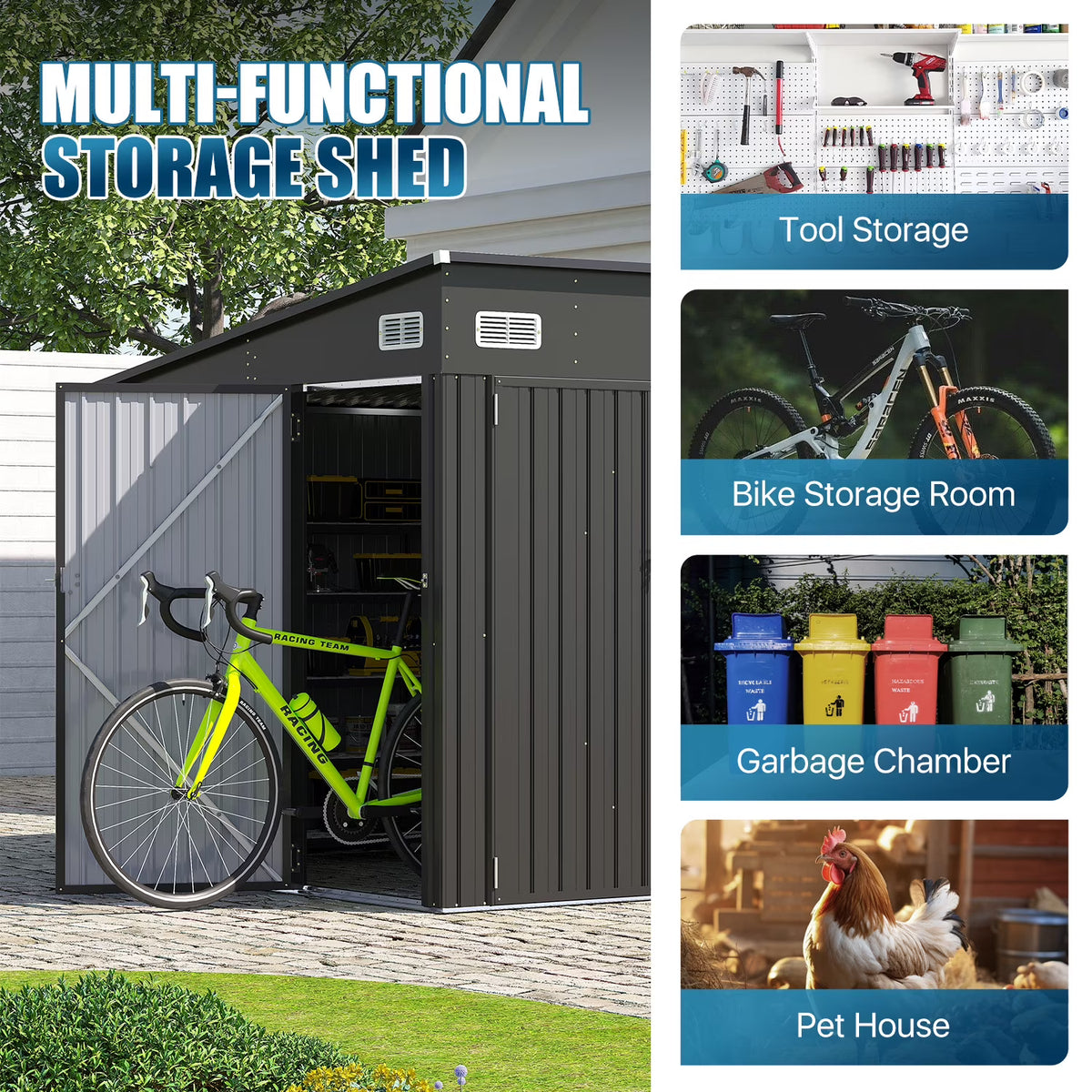 Dateyes 10' x 8' Metal Storage Shed with Triple Doors, Lockable Lean-to Design & Vents, Black