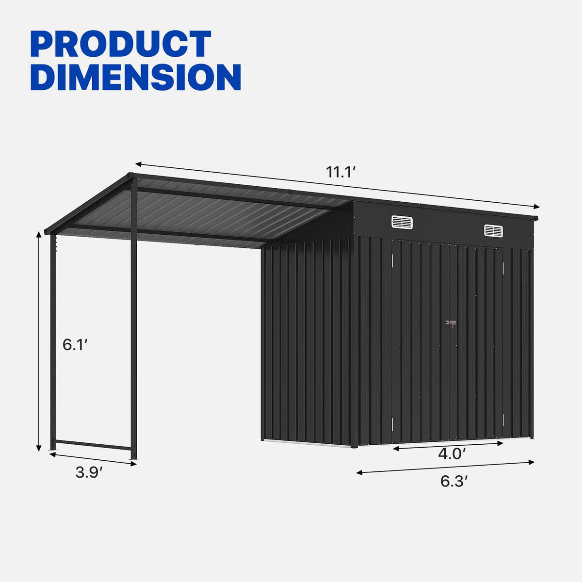 Dateyes Open-Sided Storage Shed with Hardtop Pergola, 6x4 FT Shed and Outdoor Storage with 48 Sq.ft Covered, 2-in-1 Metal Shed, Black