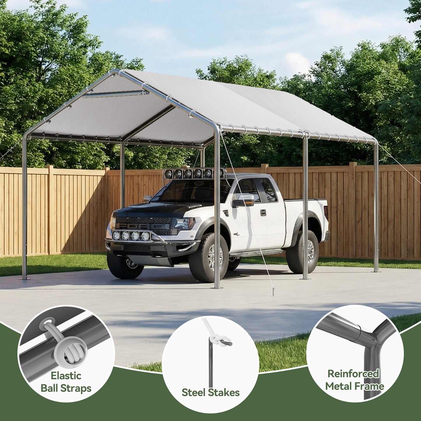 Aoxun 10x15 FT Carport Heavy Duty Car Canopy for Cars, Boats, Trucks, Outdoor Carport Shelter Portable Garage with Reinforced Frame, White