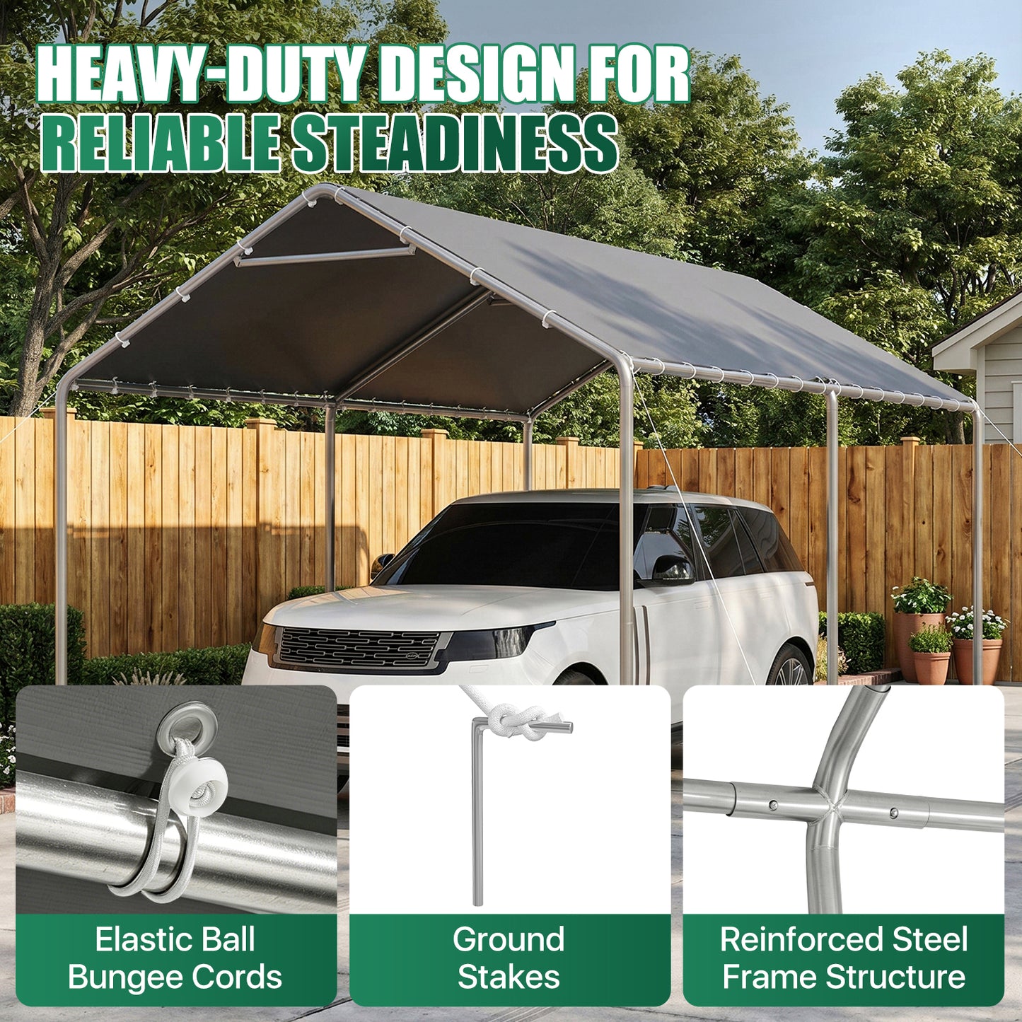 Dateyes 10x15 FT Carport, Heavy Duty Carport Canopy with Adjustable Height, Outdoor Carport Shelter with Reinforced Frame, Portable Garage for Cars, Boats and Trucks, Gray