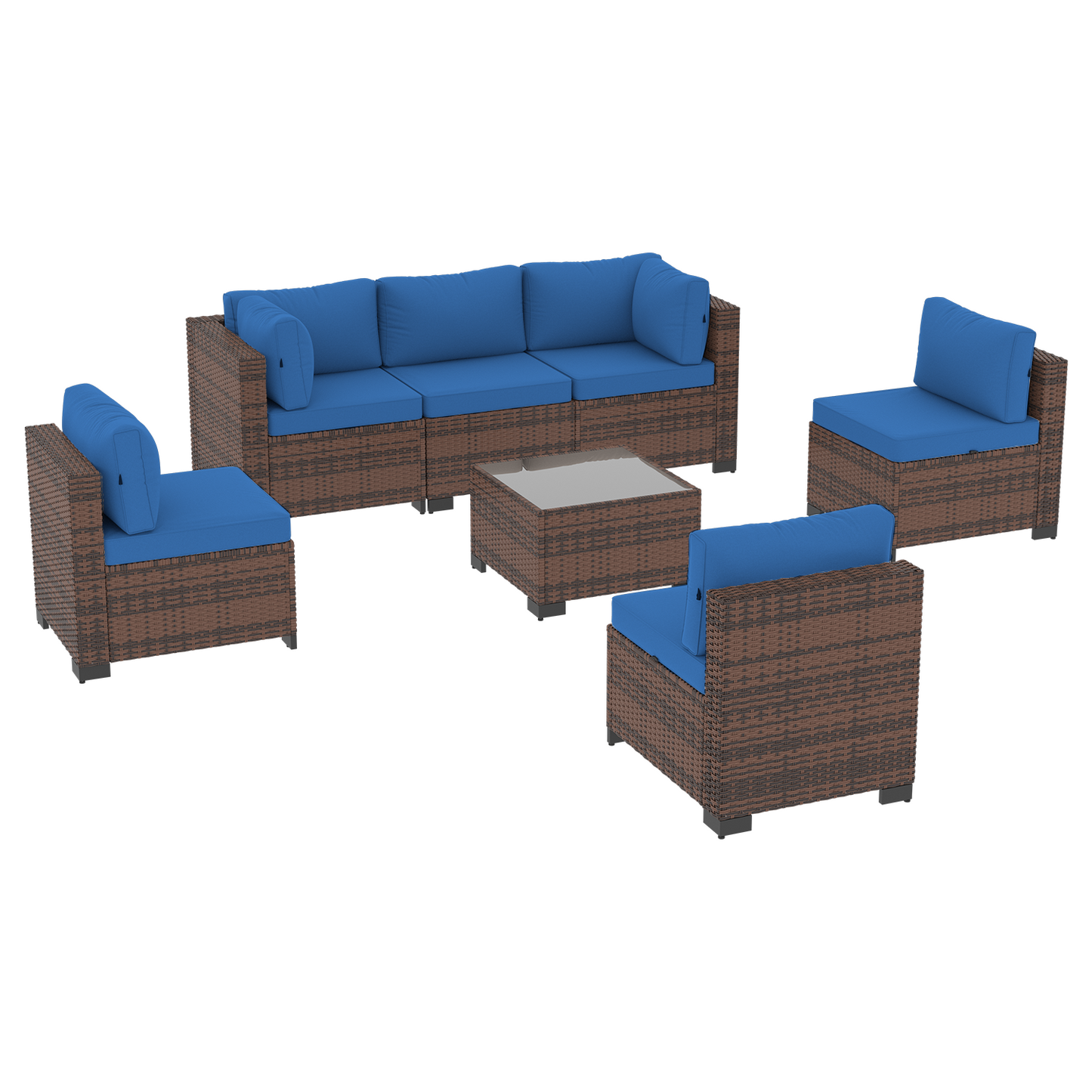 Clouddwell 7 Piece Outdoor Patio Furniture Set, Wicker Rattan Patio Sectional Sofa Set, Blue
