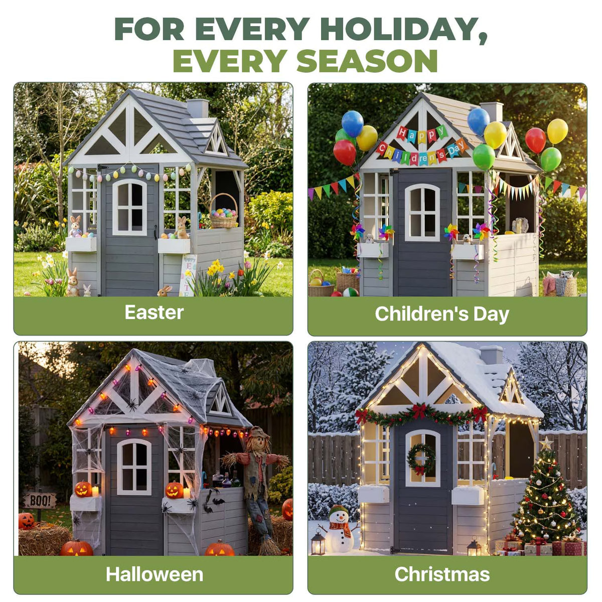 Dateyes Wooden Toddler Playhouse 3x4FT Grey Gable House with Chimney, Pretend Kitchen Accessories, Blackboard and Bar Counter for Outdoor Backyard Play