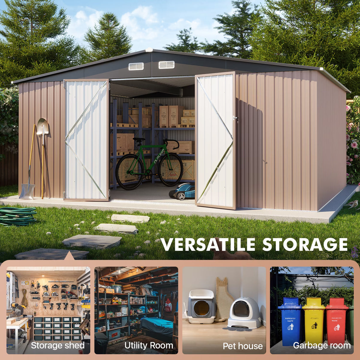 LazySunsets 12 x 14FT Shed Outdoor Storage Shed with Double Door, Large Metal Shed with Lockable Door & Sloped Roof for Garden, Backyard, Patio and Backyard, Brown