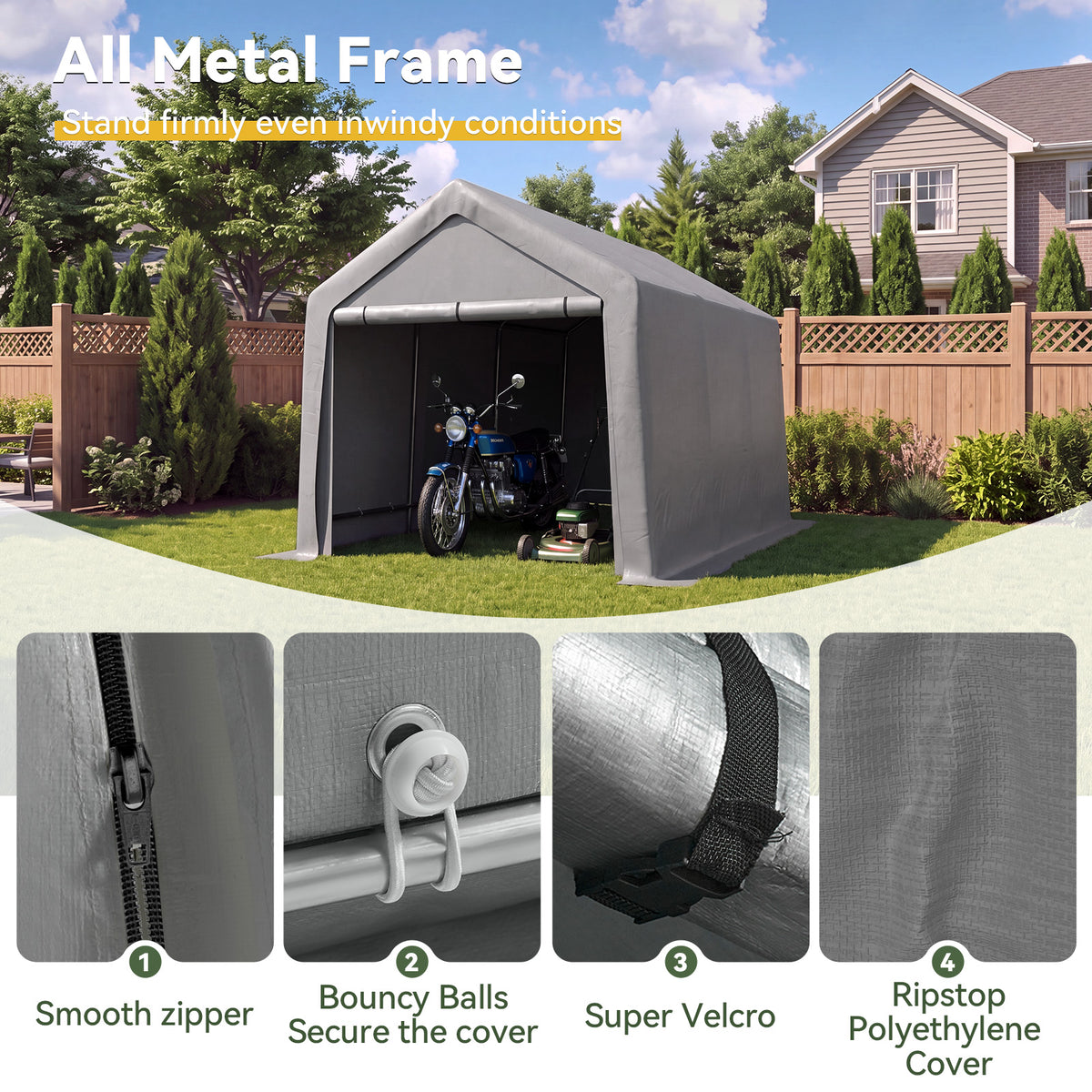 Aoxun 8x14 FT Carport Shed, Portable Storage Shed with Roll-Up Door & Window, Waterproof Storage Tent With Galvanized Steel Frame for Equipment, Bike