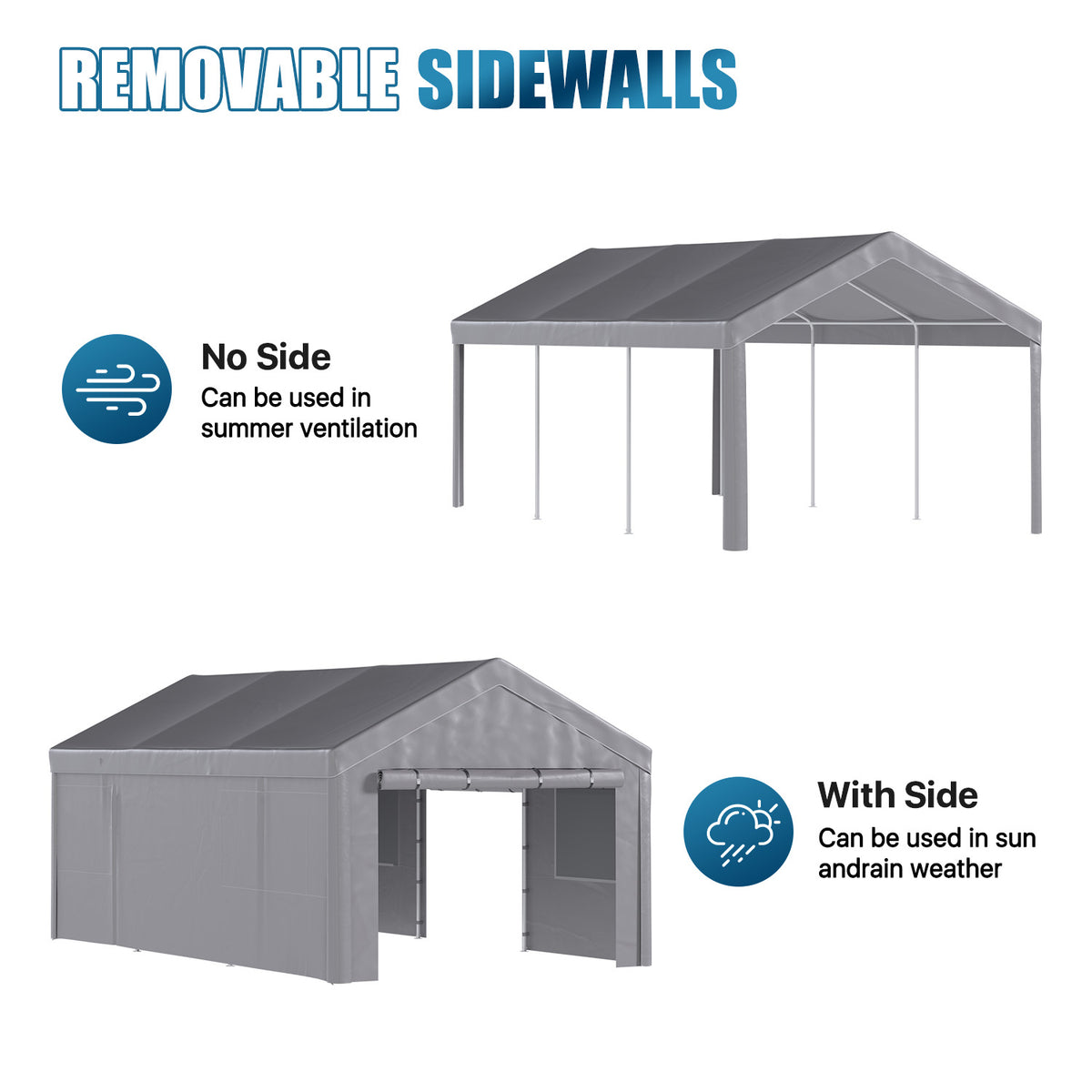 Dateyes 12x20ft Heavy Duty Carport Canopy, Portable Garage Car Canopy with Removable Sidewalls, Car Shelter for Cars, Boats, and Tools Storage, Gray