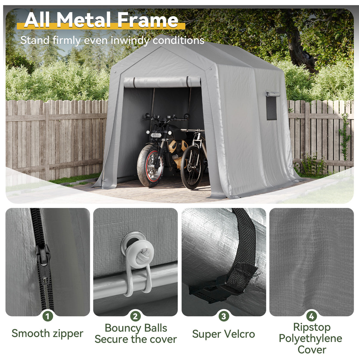 Aoxun 6x8 FT Carport Shed, Portable Storage Shed with Roll-Up Door & Window, Waterproof Storage Tent With Galvanized Steel Frame for Equipment, Bike