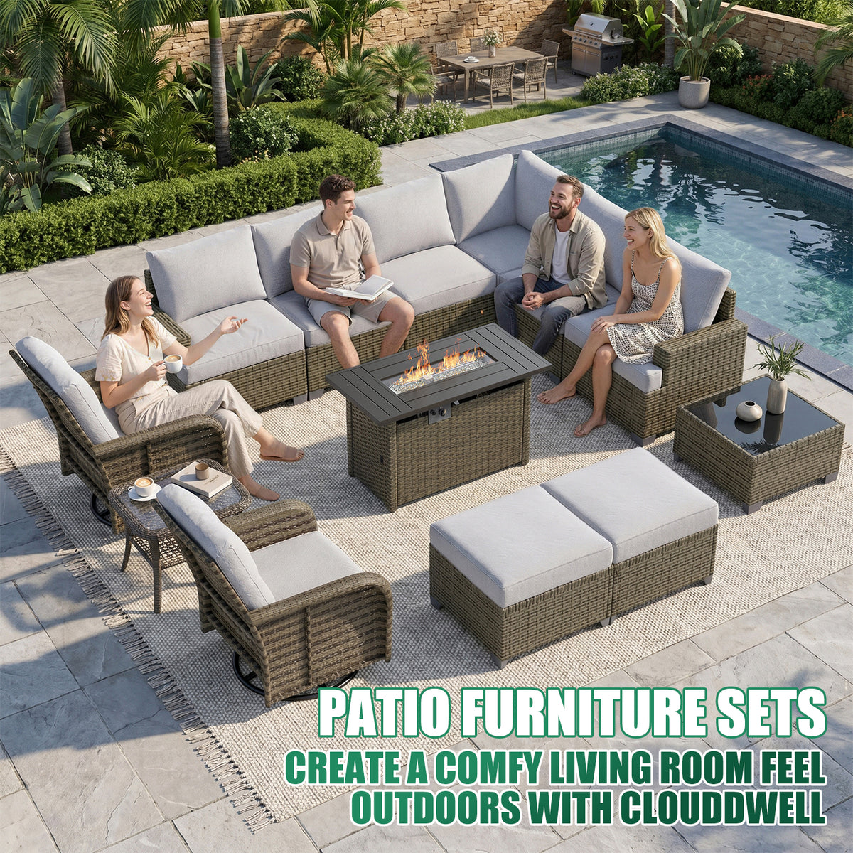Clouddwell 13 Piece Outdoor Sectional Set with Swivel Rocker Chairs of 2, Patio Conversation Sets with Fire Pit Table and Ottomans, Light Gray