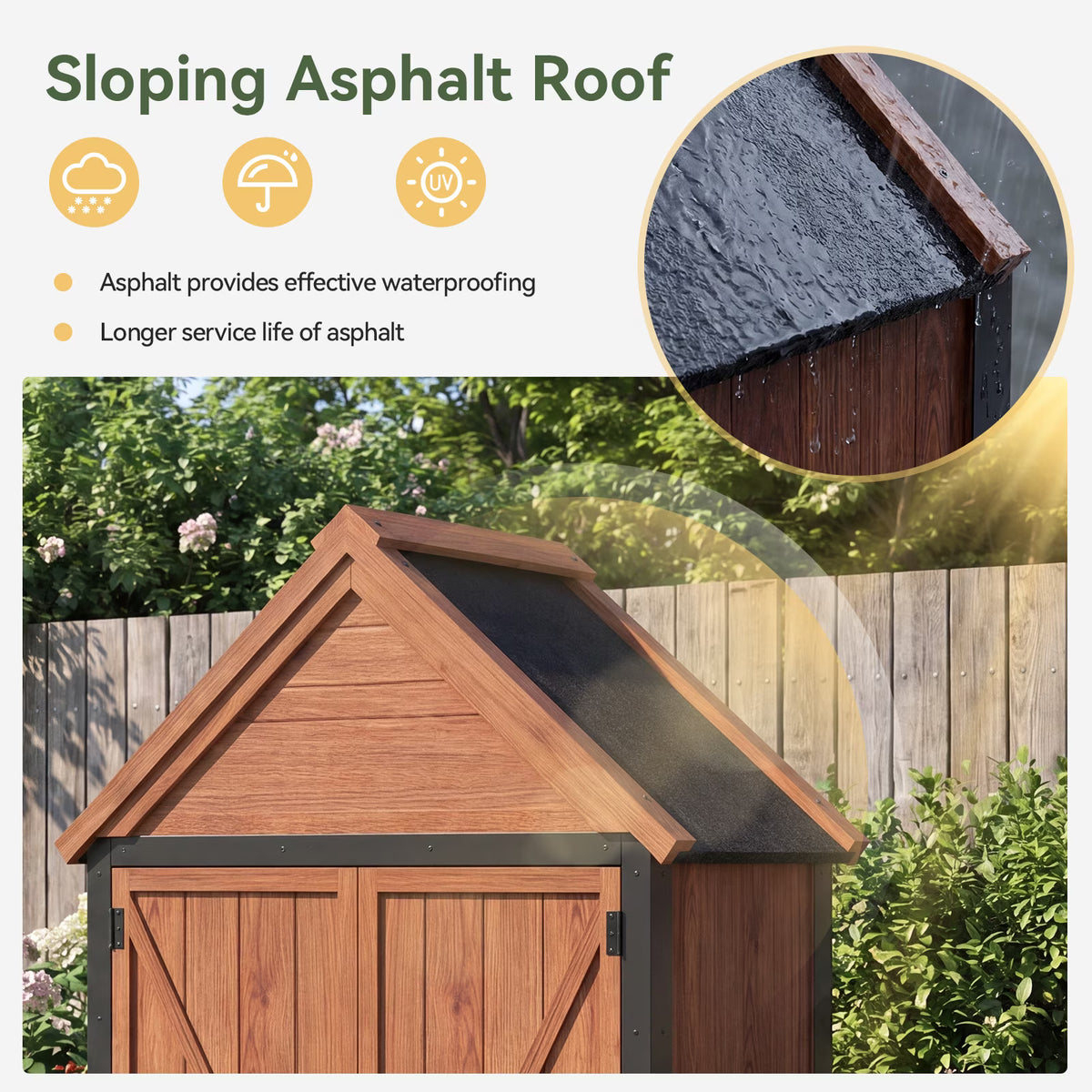 Sumnthink Wooden Garden Shed, Outdoor Storage Shed with Asphalt Roof, 3 Half Shelves, Solid Wood & Metal Frame for Garden Tools, Pool Supplies & Patio Storage