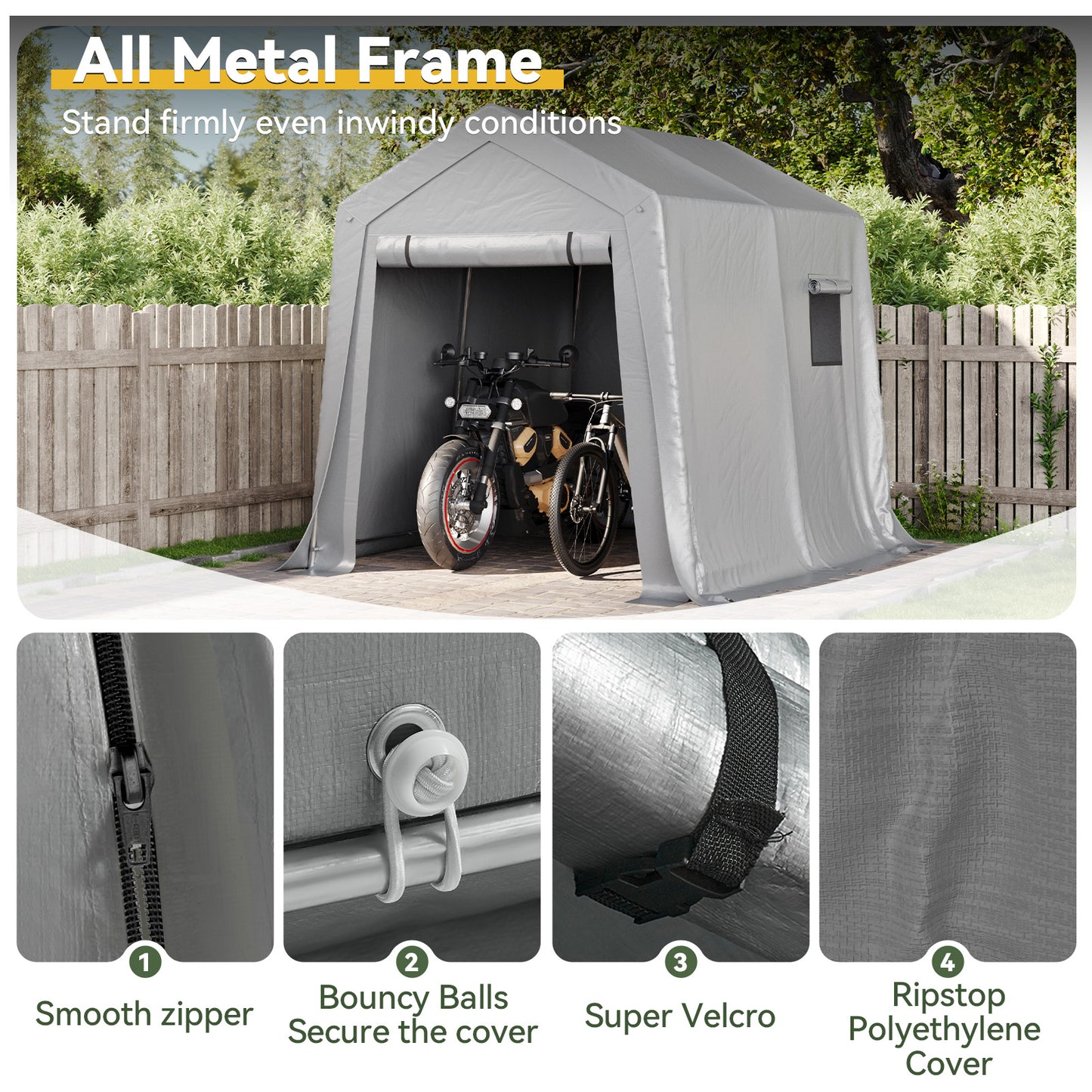 Aoxun 6x8 FT Outdoor Carport Shed, Portable Garage with Roll-Up Door & Window, Waterproof Tarp & Galvanized Steel Frame for Lawn Equipment, Bike, Motorcycle, Trunk Cover, Gray