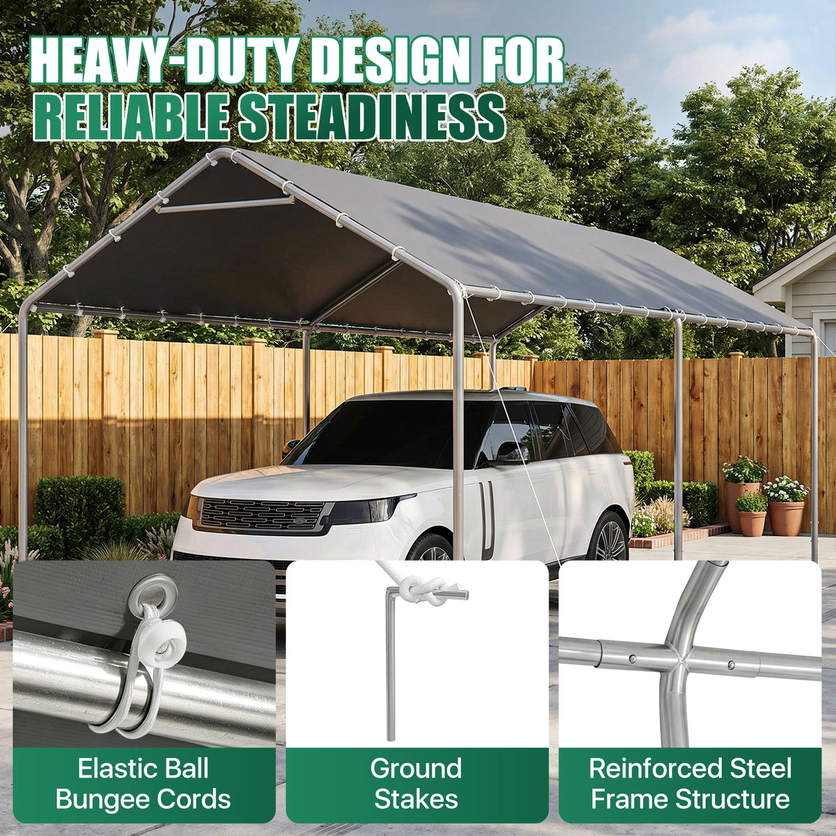 Dateyes 10x20 FT Carport, Heavy Duty Carport Canopy with Adjustable Height, Outdoor Carport Shelter with Reinforced Frame, Portable Garage for Cars, Boats and Trucks, Gray