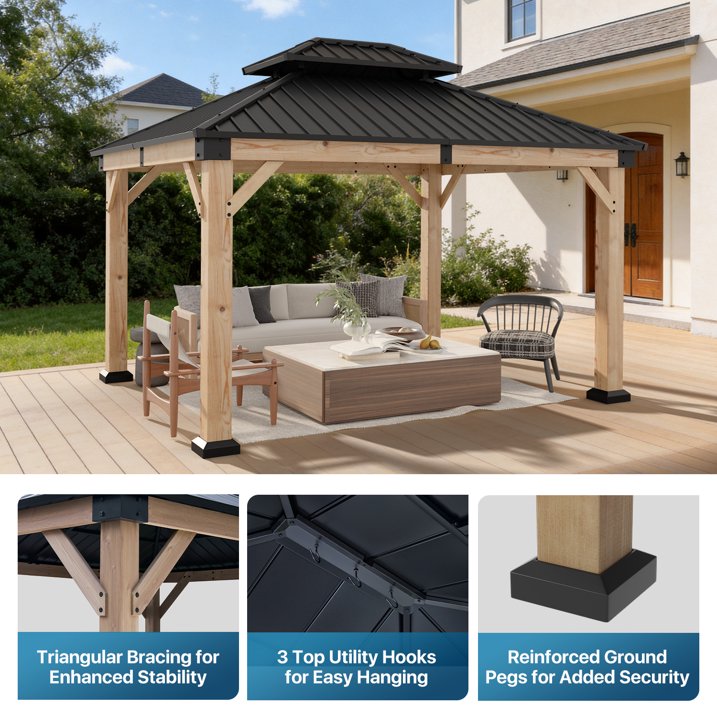 Sunmthink 10'x12' Outdoor Hardtop Gazebo, Cedar Wood Pavilion with Galvanized Steel Double Roof, for Patio, Garden, Deck