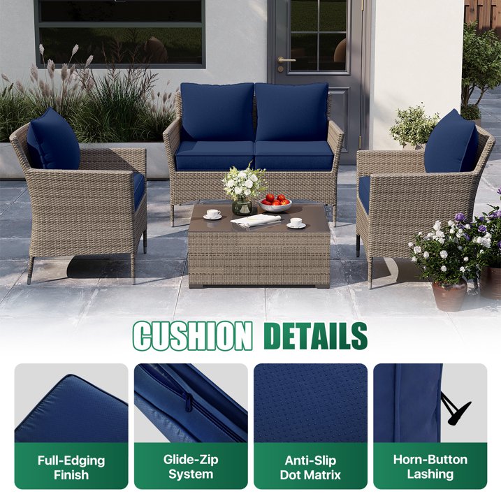 Clouddwell 4-Piece Premium Outdoor Cushion Set, 20x22x4 Inches High-Resilience Waterproof Cushions for 4-Seat Wicker Sectional(Navy Blue)