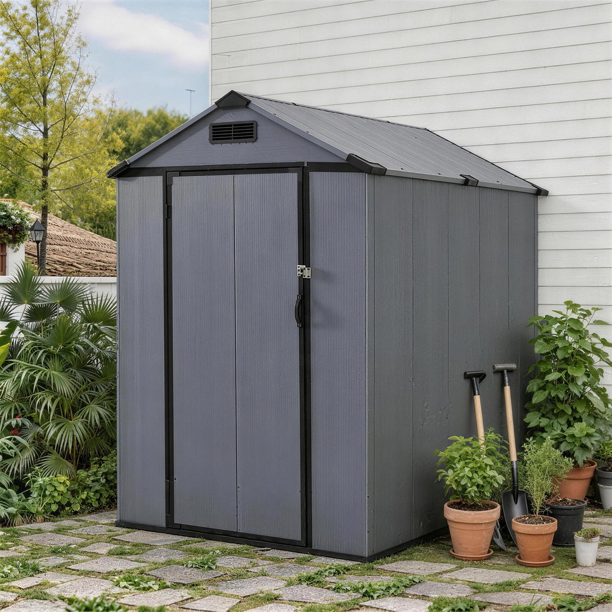 Dateyes 4x6 FT Resin Storage Shed, All-Weather Outdoor Storage Shed with Floor & Air Vent for Patio, Backyard, Garden, Dark Gray