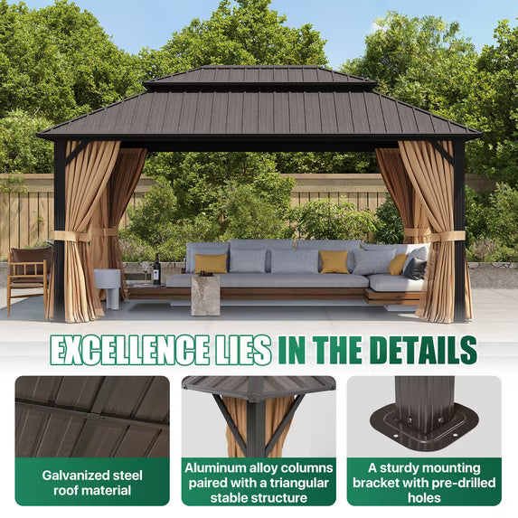 Clouddwell 12' x 16' Gazebo for Patio, Gazebo Pergola with Sloped Roof, Large Wall-Mounted Heavy Duty Awnings, for Deck, Patio and Backyard,Brown