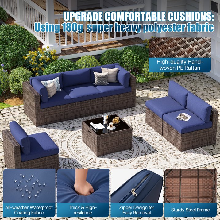 Sunmthink Patio Furniture Sets, 7-Piece Outdoor Patio Furniture with Thick Cushions, Wicker Outdoor Conversation Set and Waterproof Cover for Backyard, Poolside, Garden