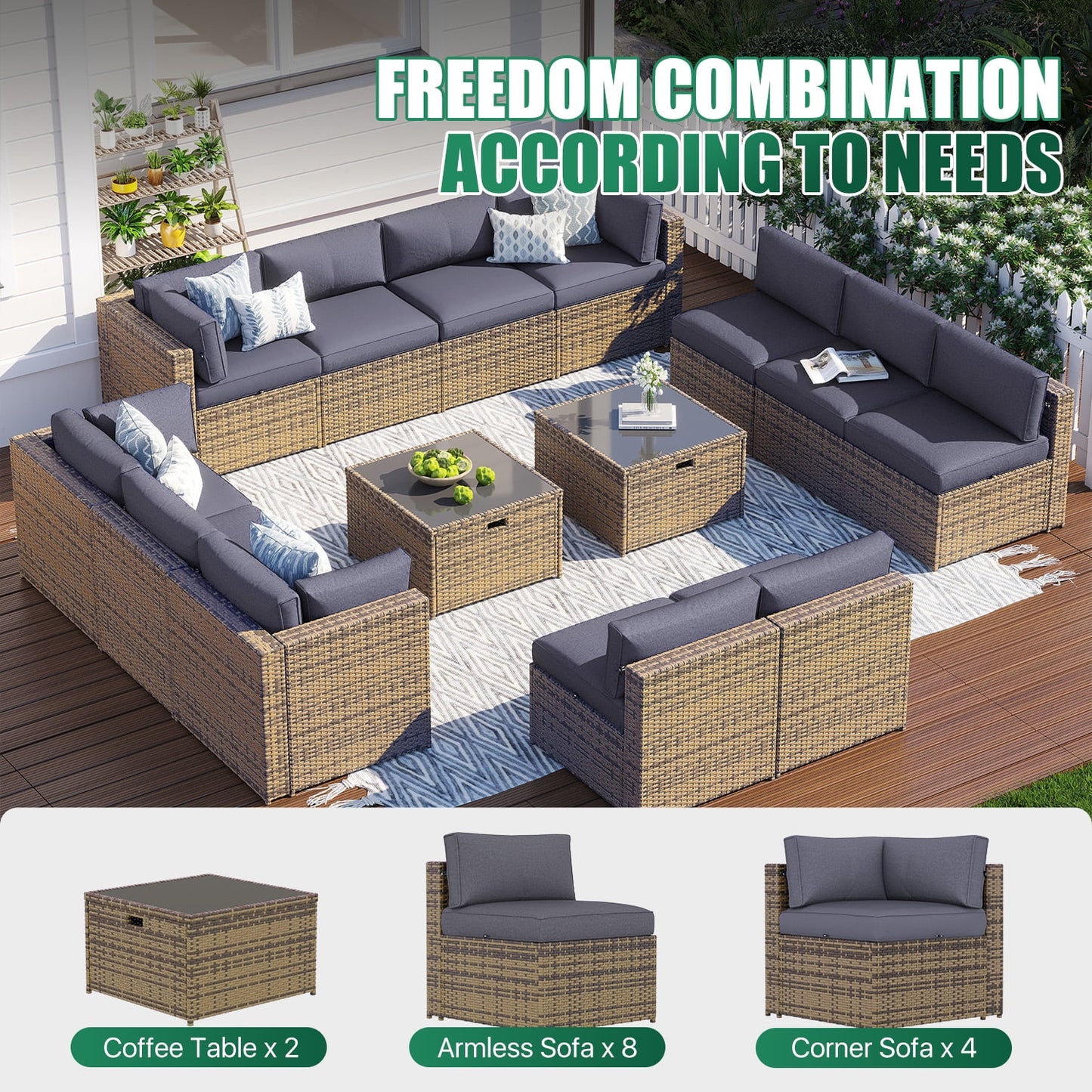 Clouddwell 14 Piece Patio Furniture Set Wicker Rattan Patio Conversation Set Outdoor Sectional Sofa Set with Coffee Table and Black Cushions(Waterproof Cover Included)