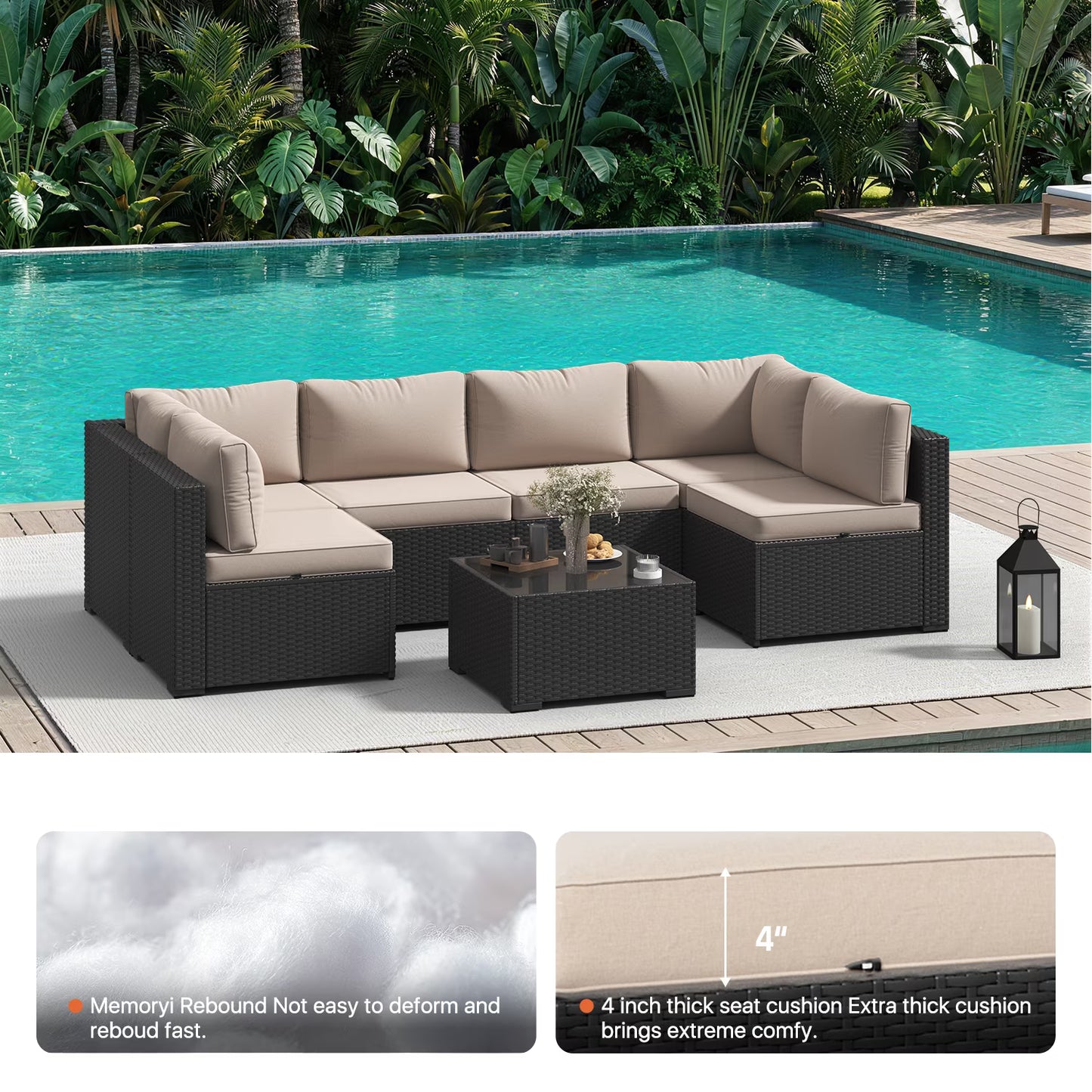 Clouddwell 7 Pieces Patio Furniture Set, All-Weather Wicker Rattan Patio Sectional Sofa Set with Coffee Table (Beige)