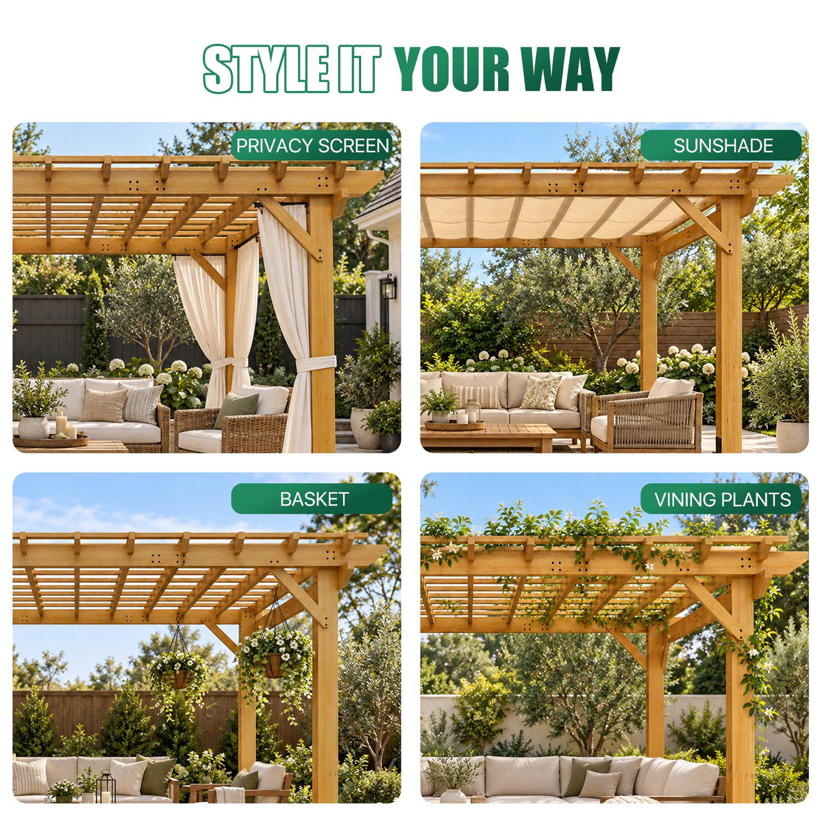 Sunmthink 12' x 16' Solid Cedar Outdoor Pergola, Tiered Lattice Canopy, Wind-Resistant up to 100 MPH, Natural Wood Finish for Patio, Deck, Lawn & Garden