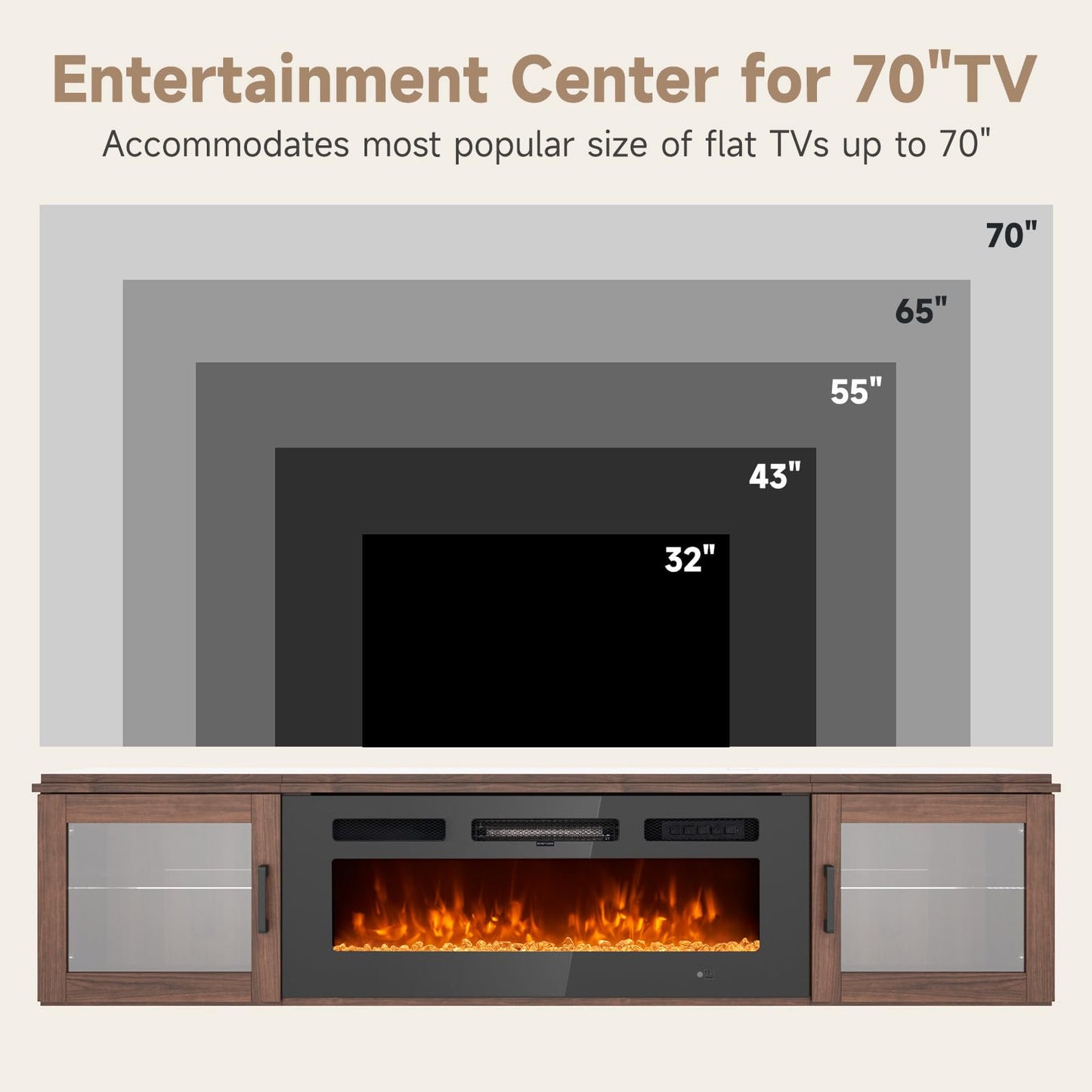 Sunmthink Floating TV Stand with 36" Electric Fireplace, High Gloss Finish Wall Mounted Fireplace Entertainment Center with Storage for TVs Up to 80", Brown
