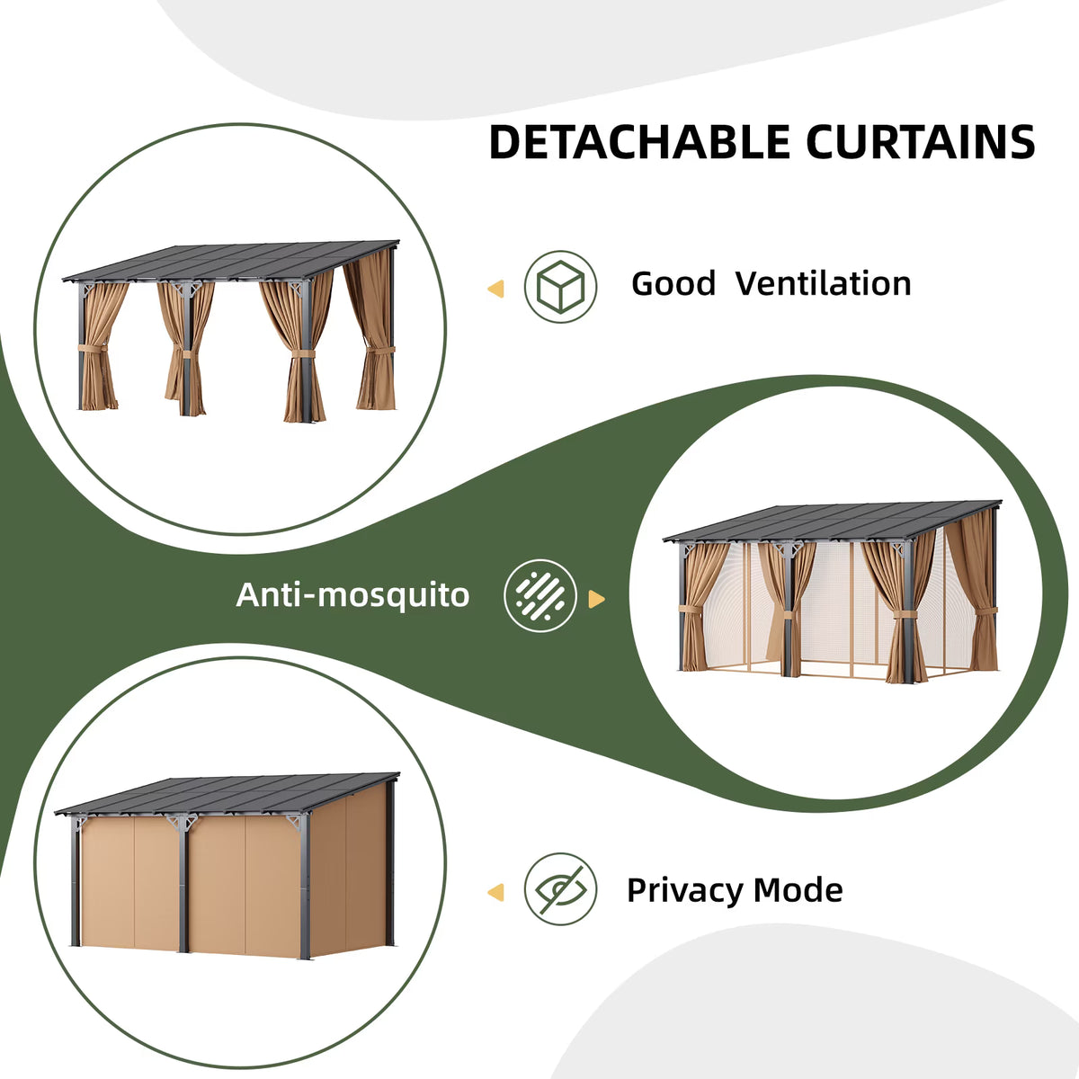 Aoxun 10'x14' Lean to Gazebo with Mosquito Net and Curtains, Aluminum Frame, Polycarbonate Panel, Wall Mounted Pergola with Sloped Roof for Backyard, Porch, Deck