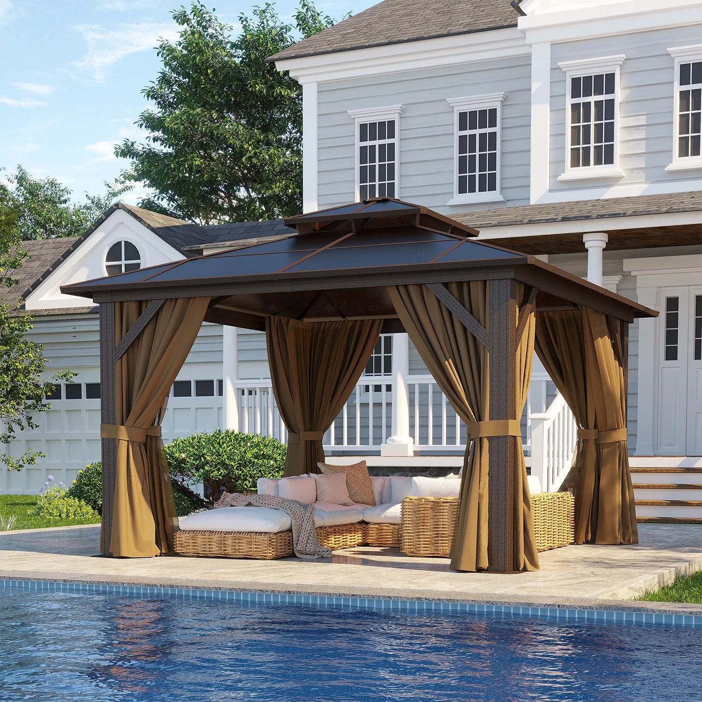 Clouddwell 12'x12' Hardtop Gazebo - Polycarbonate Double Roof with Netting & Curtains for Patio, Garden Sun Protection,Browm