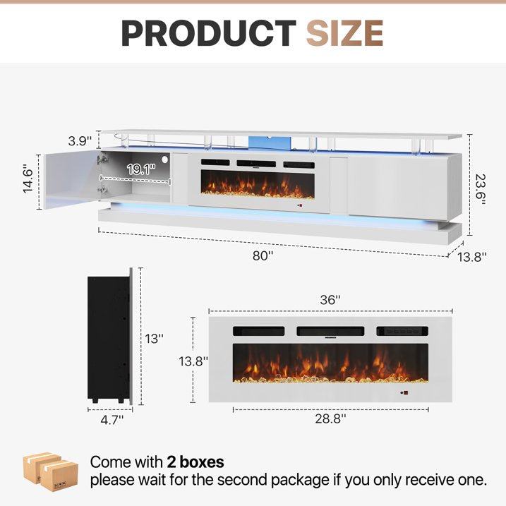 Sonegra Modern Fireplace TV Stand for TVs Up to 90" with Music Sync LED, 80" Entertainment Center with Electric Fireplace, TV Console with Storage Cabinets for Living Room, White