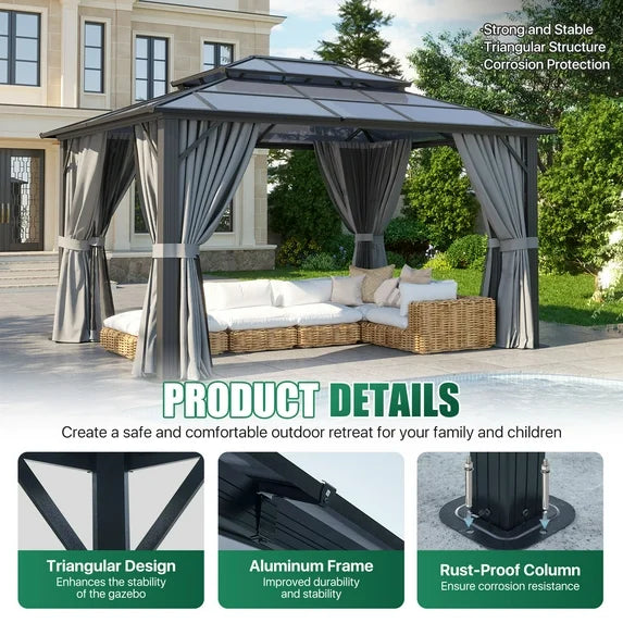 Clouddwell 10'x12' Hardtop Gazebo - Polycarbonate Double Roof with Netting & Curtains for Patio, Garden Sun Protection,Gray
