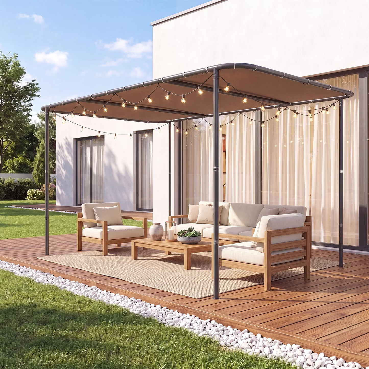 Clouddwell 8×10 FT Wall-Mounted Sloped Roof Outdoor Pergola Canopy, Water-Resistant & UV-Resistant Metal Patio Gazebo for Backyard Garden Porch in Khaki