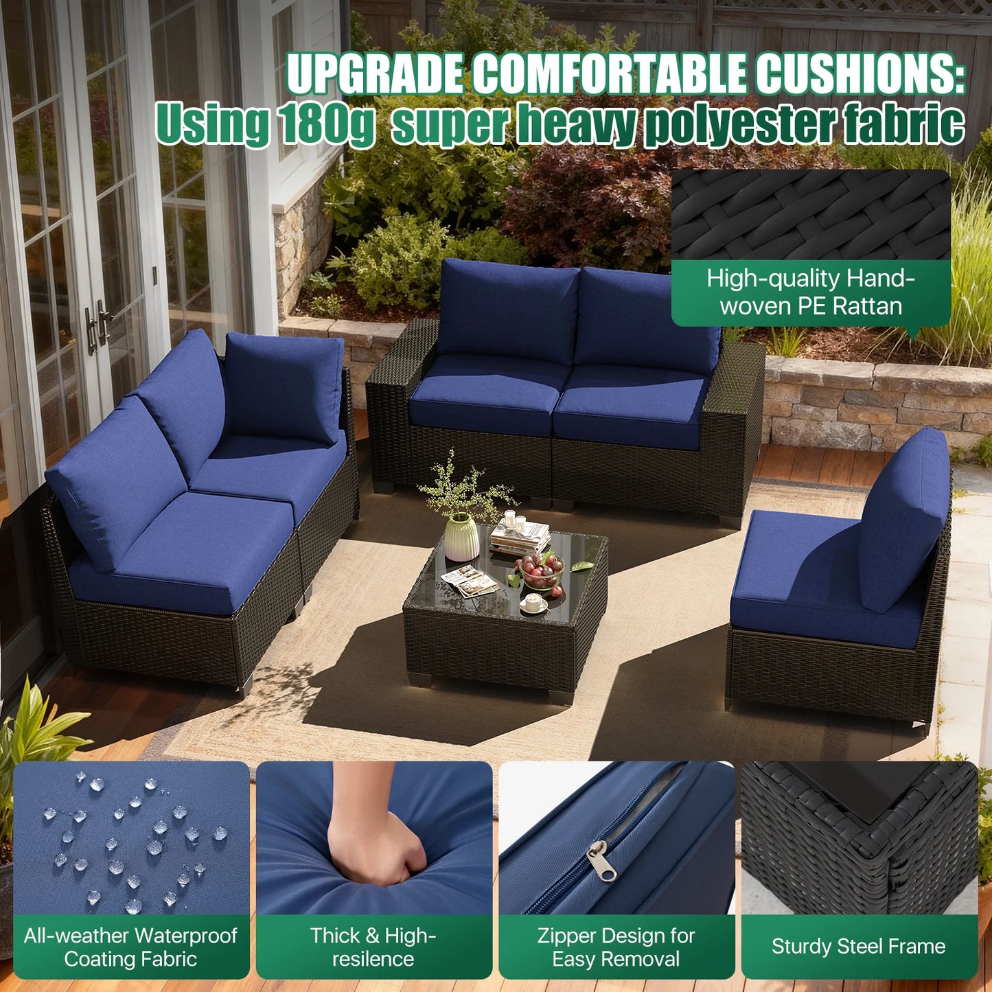 Clouddwell 6-Piece Outdoor Patio Set,4-Inch Thickened Cushions, All-Weather Wicker Sectional with Coffee Table & Custom Protective Cover Navy Blue