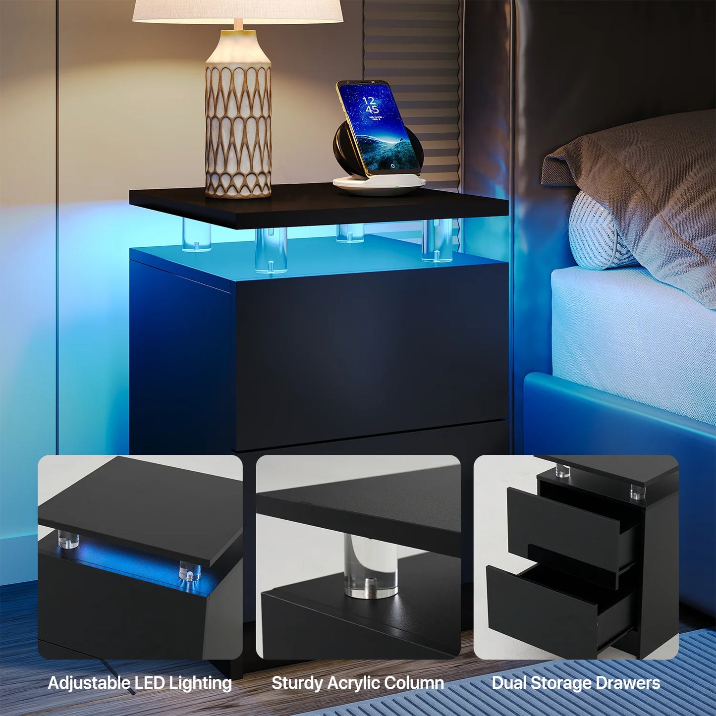 Sonegra Nightstand Set of 2 with Charging Station, LED End Table with 2 Storage Drawers, Sofa Side Table for Living Room and Bedroom, Black 15IN