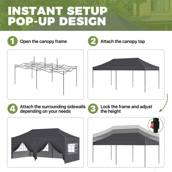Clouddwell 10'x20' Pop Up Canopy Tent with 6 Removable Sidewalls, Adjustable Height Instant Outdoor Canopy, Portable Sun Shade Shelter with 4 Sandbags, Easy Setup for Parties, Camping, Events, Gray