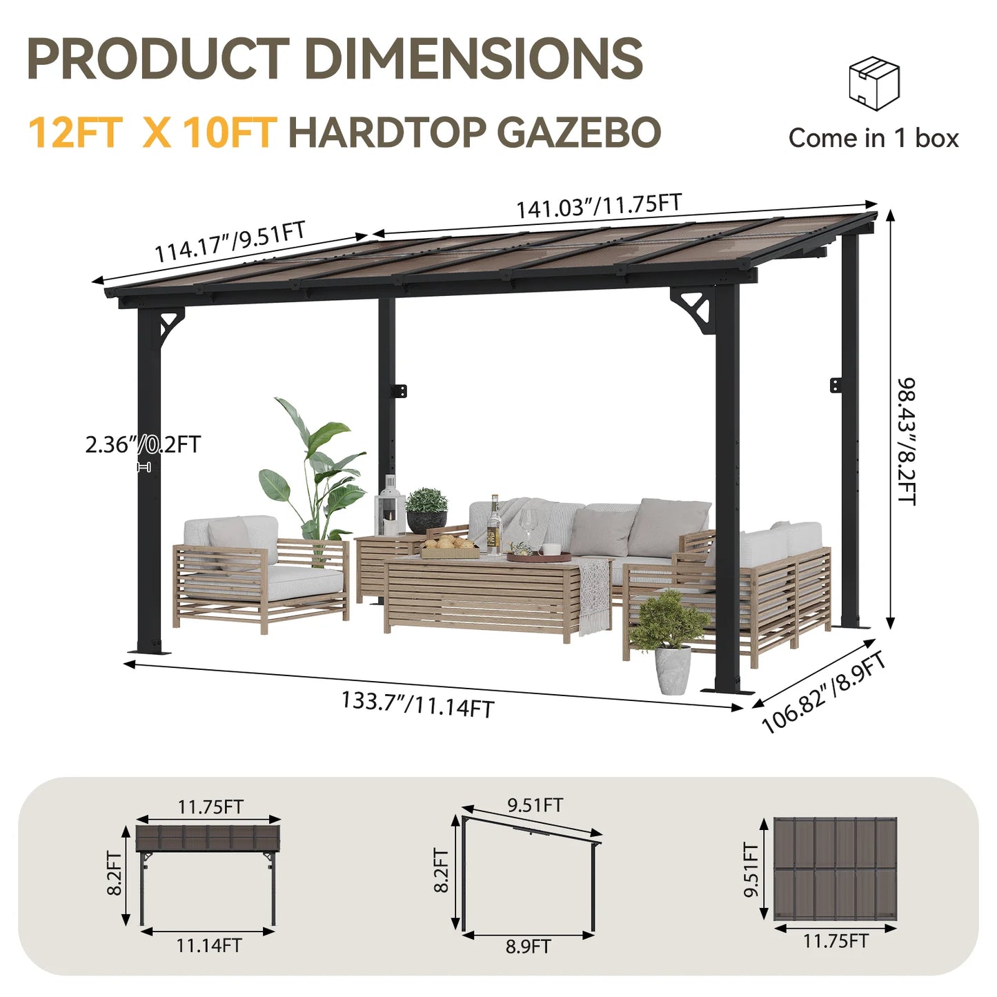 Aoxun 10' x 12' Gazebo for Patio, Large Wall-Mounted Heavy Duty Awnings, Gazebo Pergola with Sloped Roof, for Backyard, Deck, Patio
