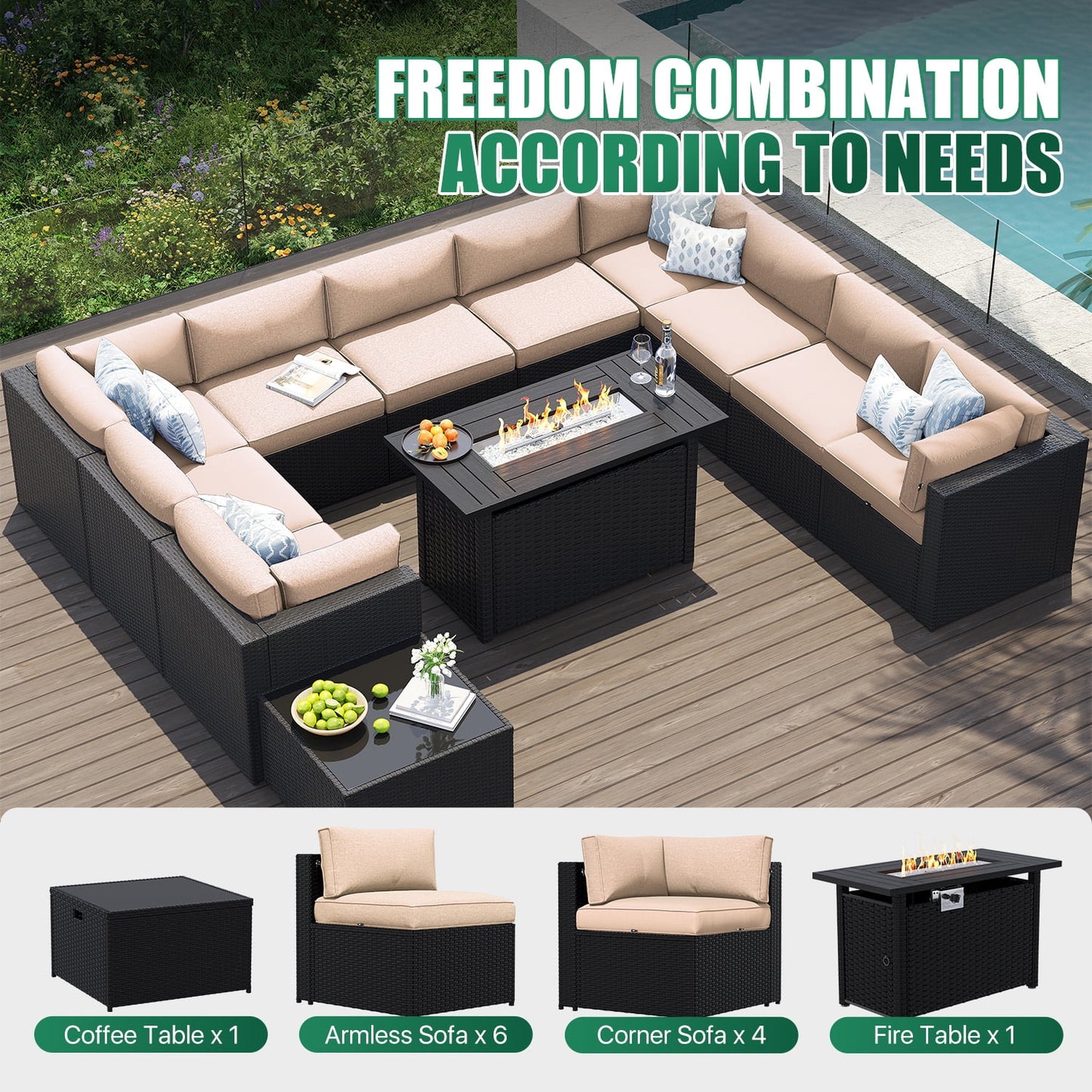 Clouddwell 12-Piece Patio Furniture Set With Fire Table On Sale, Black Rattan Wicker Outdoor Sectional Sofa Couch with Table Patio Conversation Set for Lawn& Backyard,Beige