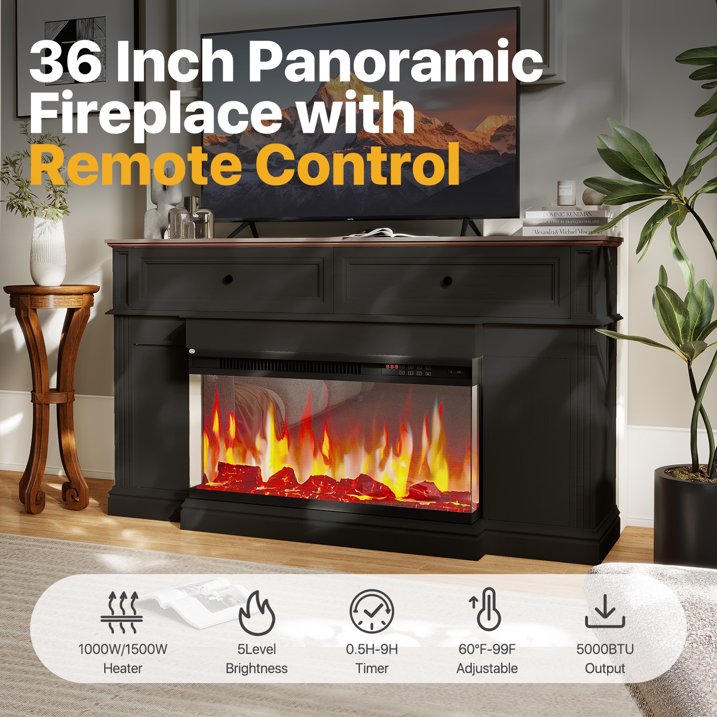 Sonegra Fireplace TV Stand for TVs up to 70" with 36" Fireplace, Farmhouse Entertainment Center with Fireplace, Wooden Media Console for Living Room, Black