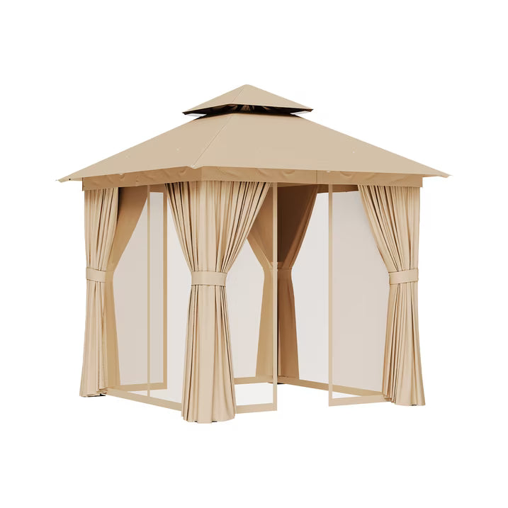 Sunmthink Outdoor Gazebo for Patio 8'x8', Metal Frame Canopy with Double Roofs, Heavy Duty Party Tent and Shelter with Mosquito Netting and Privacy Screen for Backyard,Garden,Deck (Beige)
