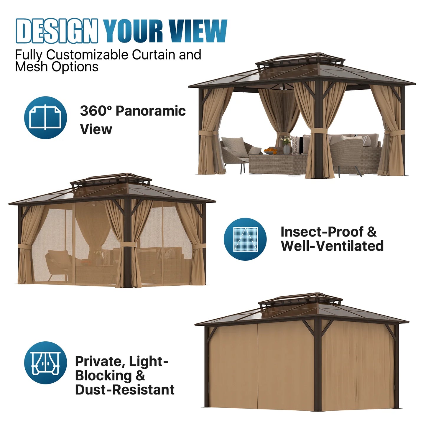Sunmthink 12' x 12' Hardtop Gazebo,Polycarbonate Double Roof,Aluminum Frame with Curtains and Netting for Patio,Garden,Brown