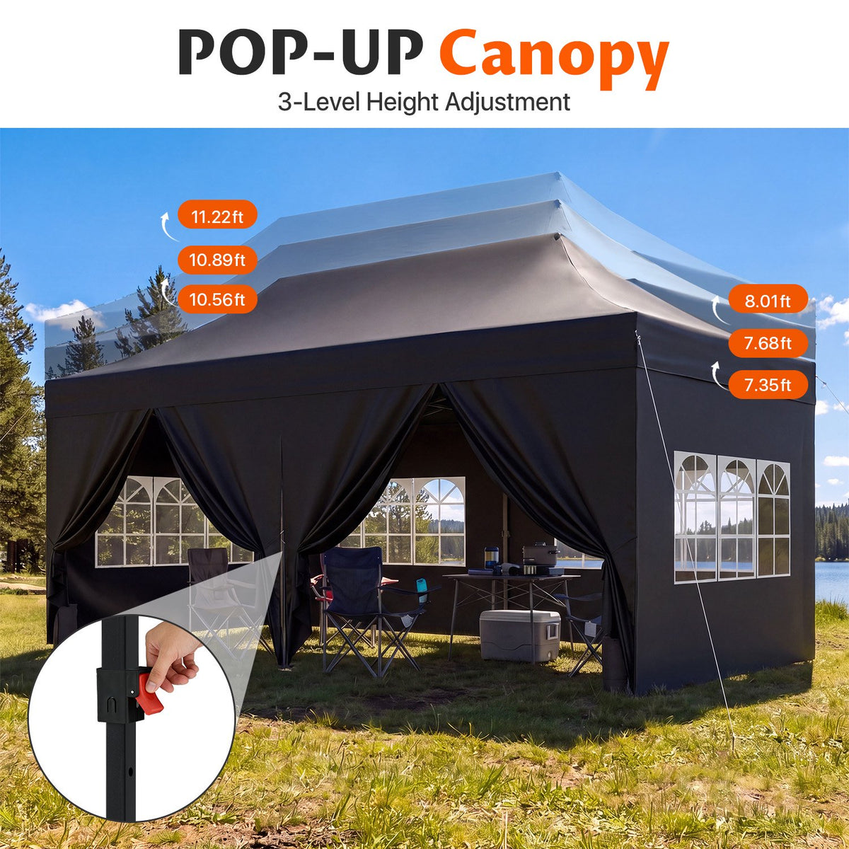 Dateyes 10x20 FT Pop Up Canopy Tent with 45mm Heavy Duty Steel Frame, Waterproof Outdoor Canopy, 3-Level Adjustable Height, Instant Party Tent with Roller Bag, Black