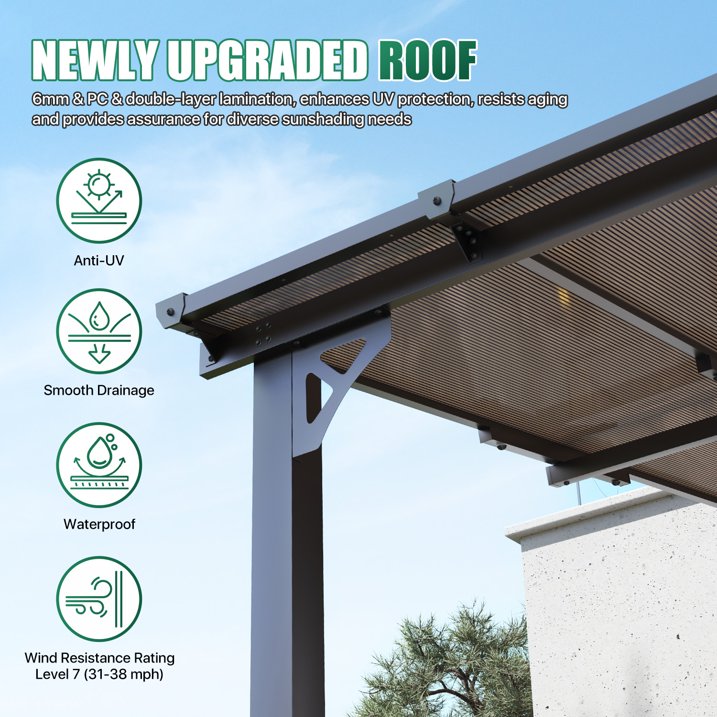 Clouddwell 16'x 10' Wall-Mounted Gazebo Pergola with Aluminum Top Frame & Polycarbonate Panel, Large Heavy-Duty Awnings for Backyard Black
