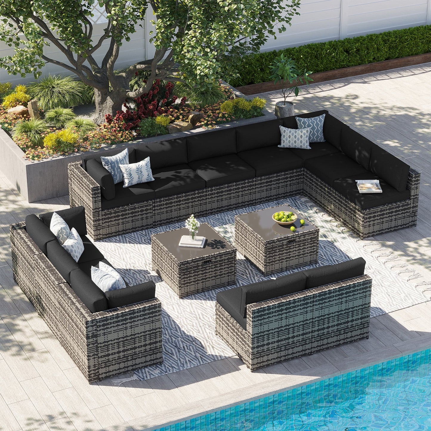 Clouddwell 14 Piece Patio Furniture Set Wicker Rattan Patio Conversation Set Outdoor Sectional Sofa Set with Coffee Table and Black Cushions(Waterproof Cover Included)