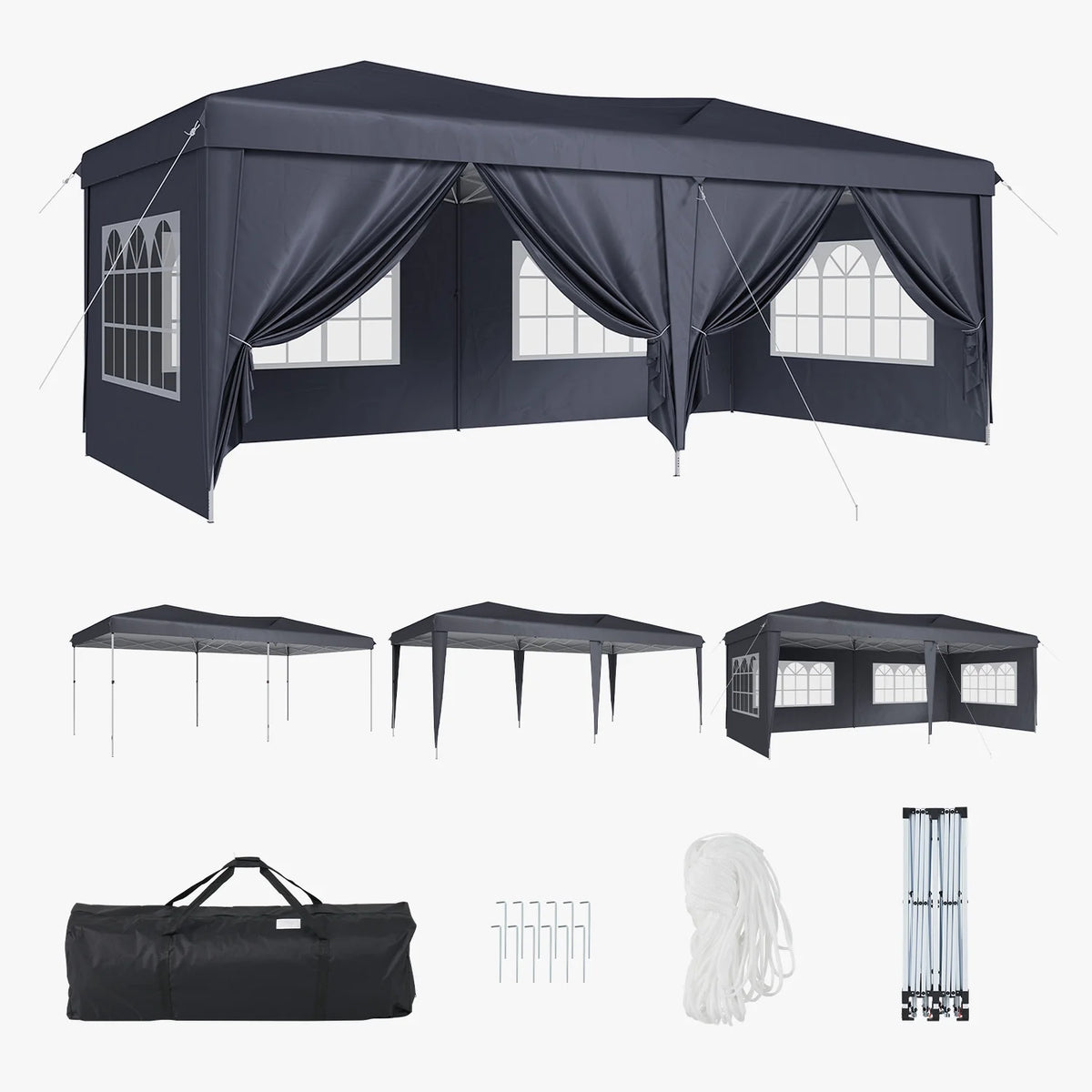 ClouDDwell 10x20ft Pop up Canopy, Party Tent with 3 Adjustable Heights, Tents for Party, Instant Shelter Canopy with 6 Removable Sidewalls For Parties, Weddings, Gray